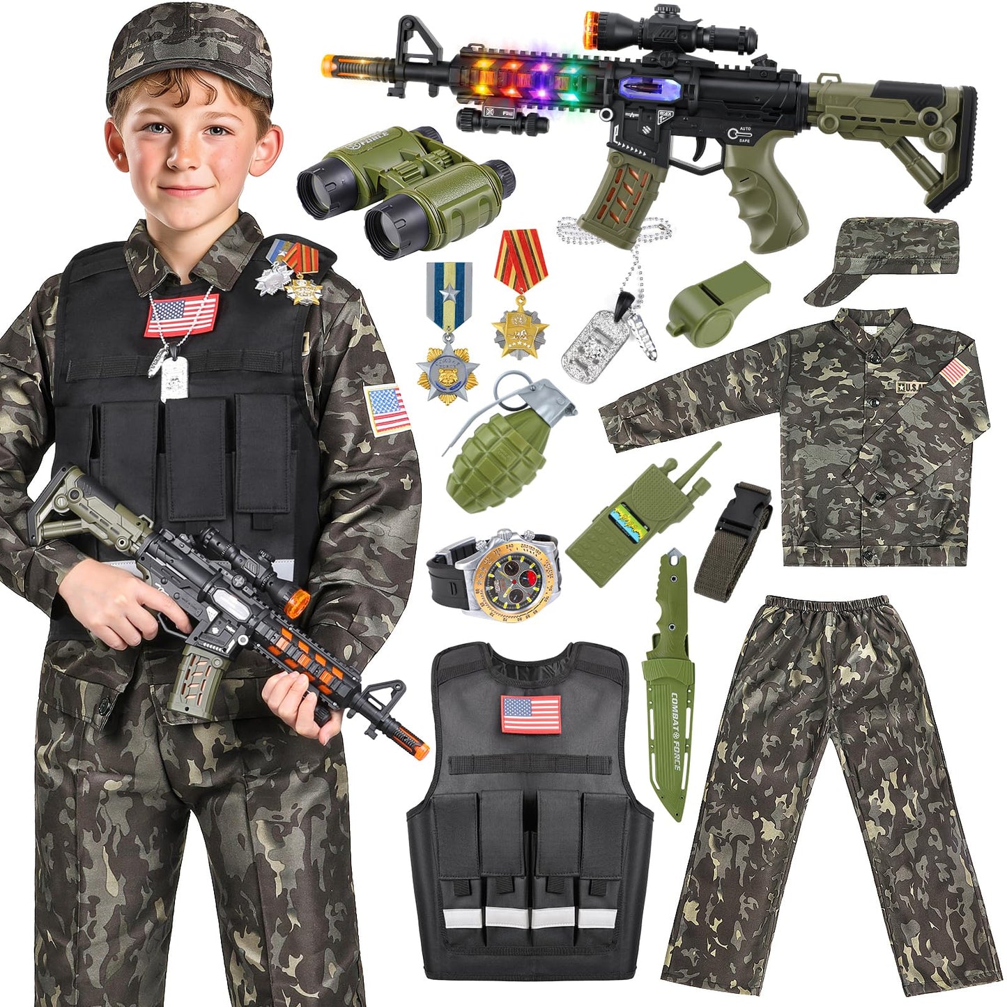 Metemot Kids Army Costume for Boys – 15-Piece Military Dress-Up with Toys