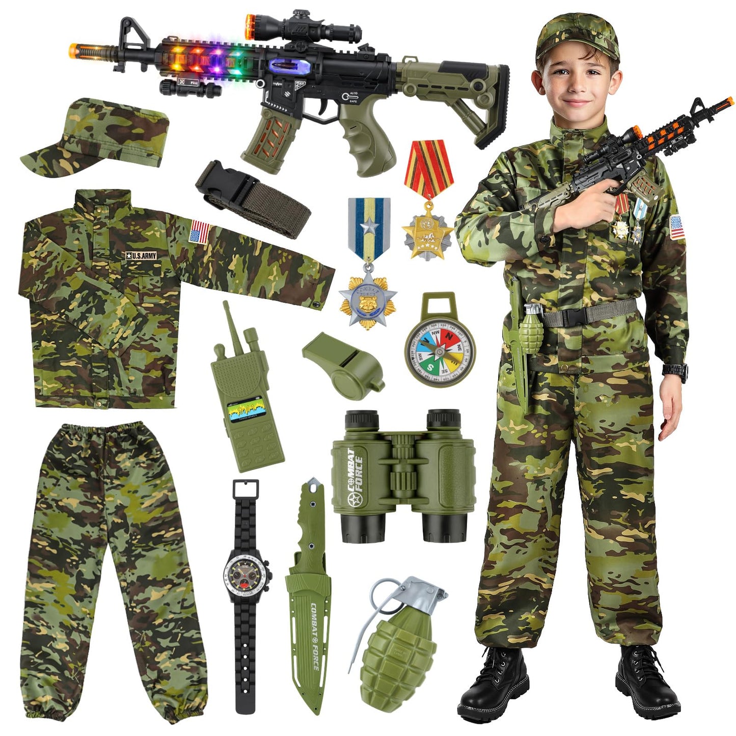Metemot Kids Army Costume Deluxe Set - 14-Piece Military Dress Up for Boys