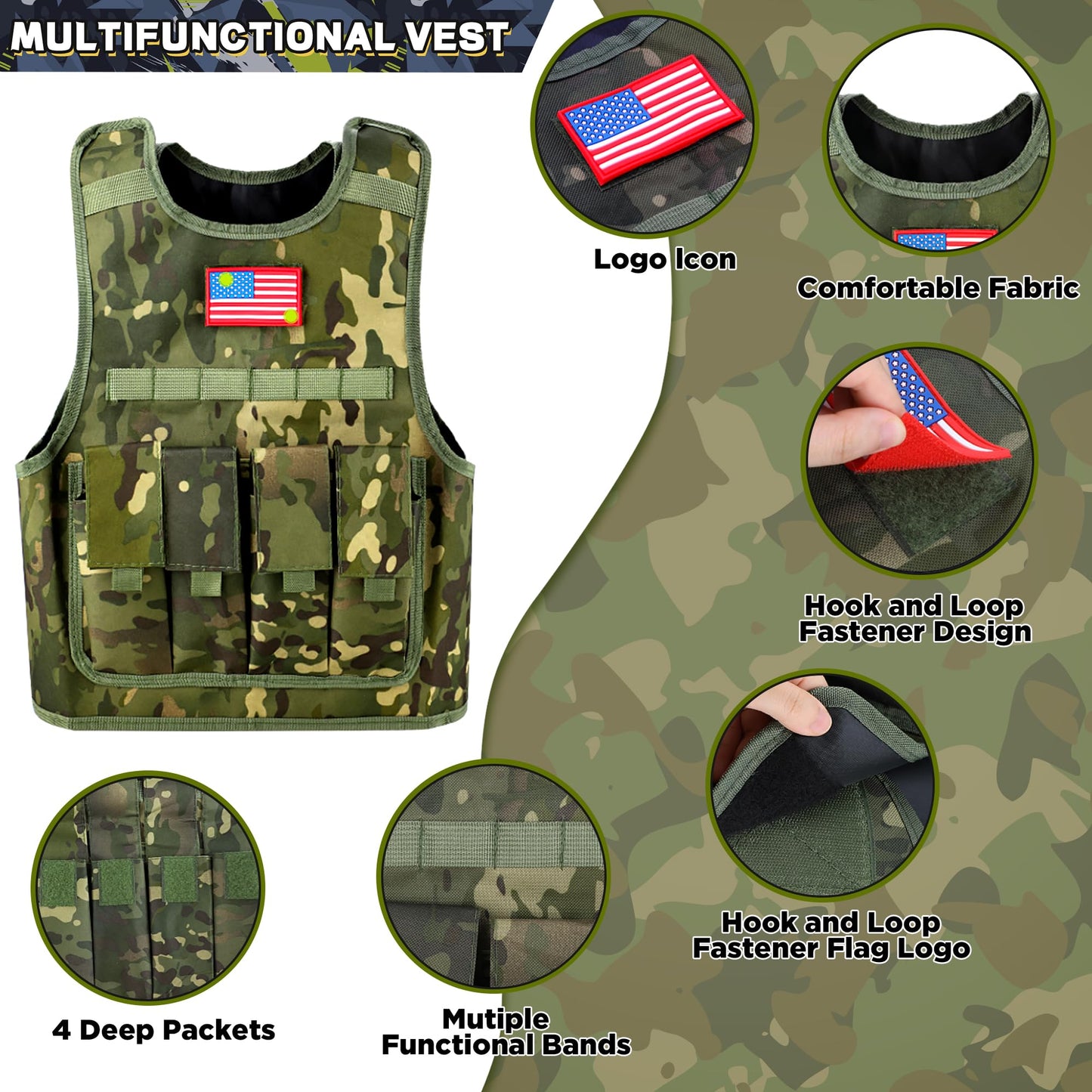 Metemot Kids Army Costume for Boys with Camouflage Vest & Army Toys (Ages 3–13)