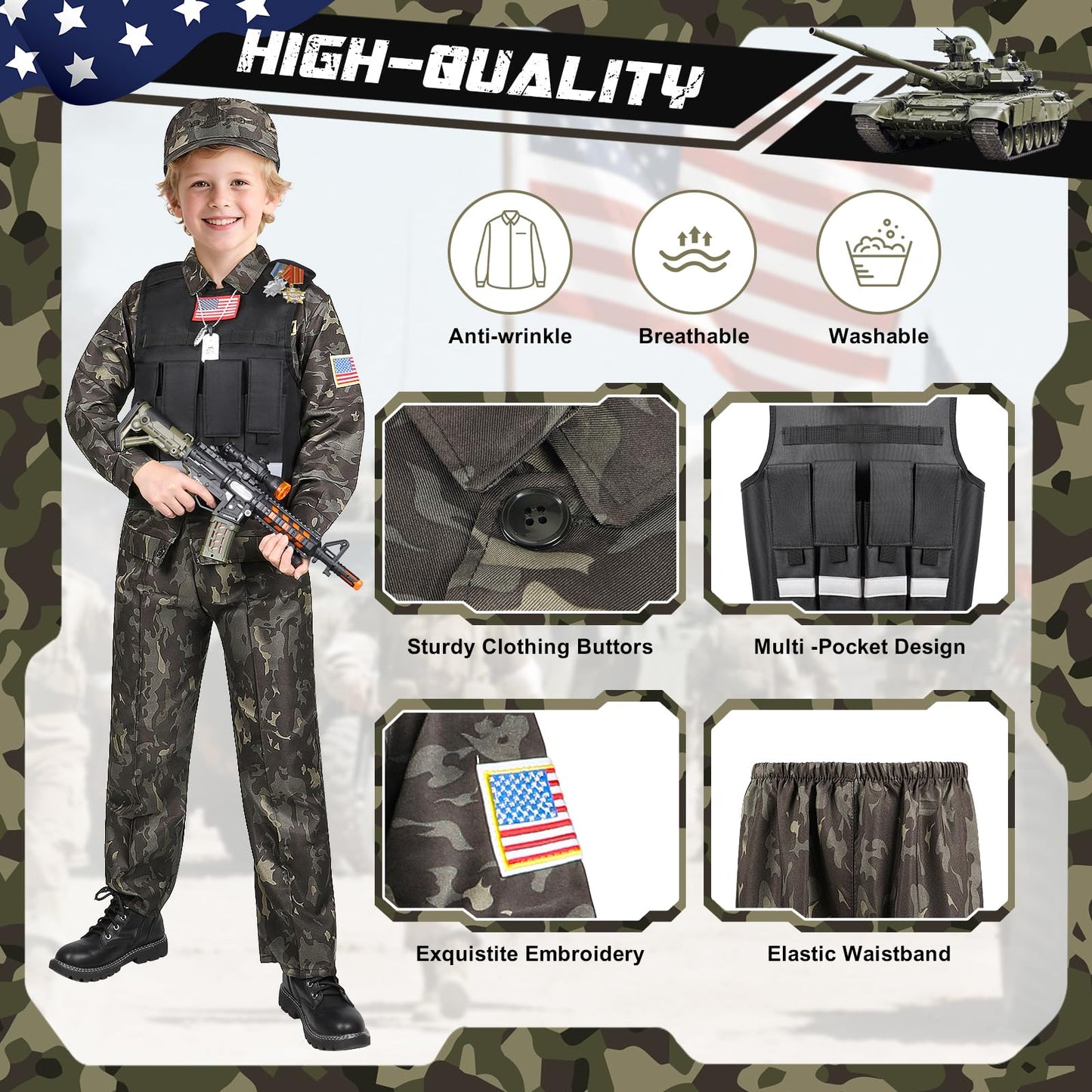 Metemot Kids Army Costume for Boys – 15-Piece Military Dress-Up with Toys