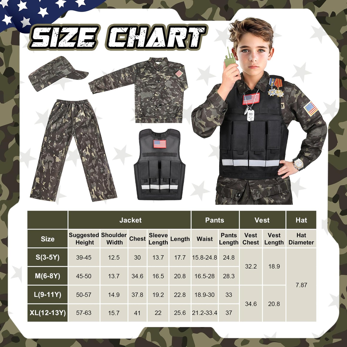 Metemot Kids Army Costume for Boys – 15-Piece Military Dress-Up with Toys