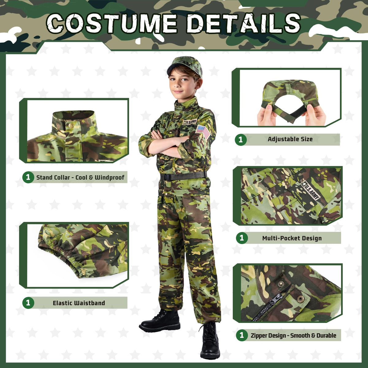 Metemot Kids Army Costume Deluxe Set - 14-Piece Military Dress Up for Boys