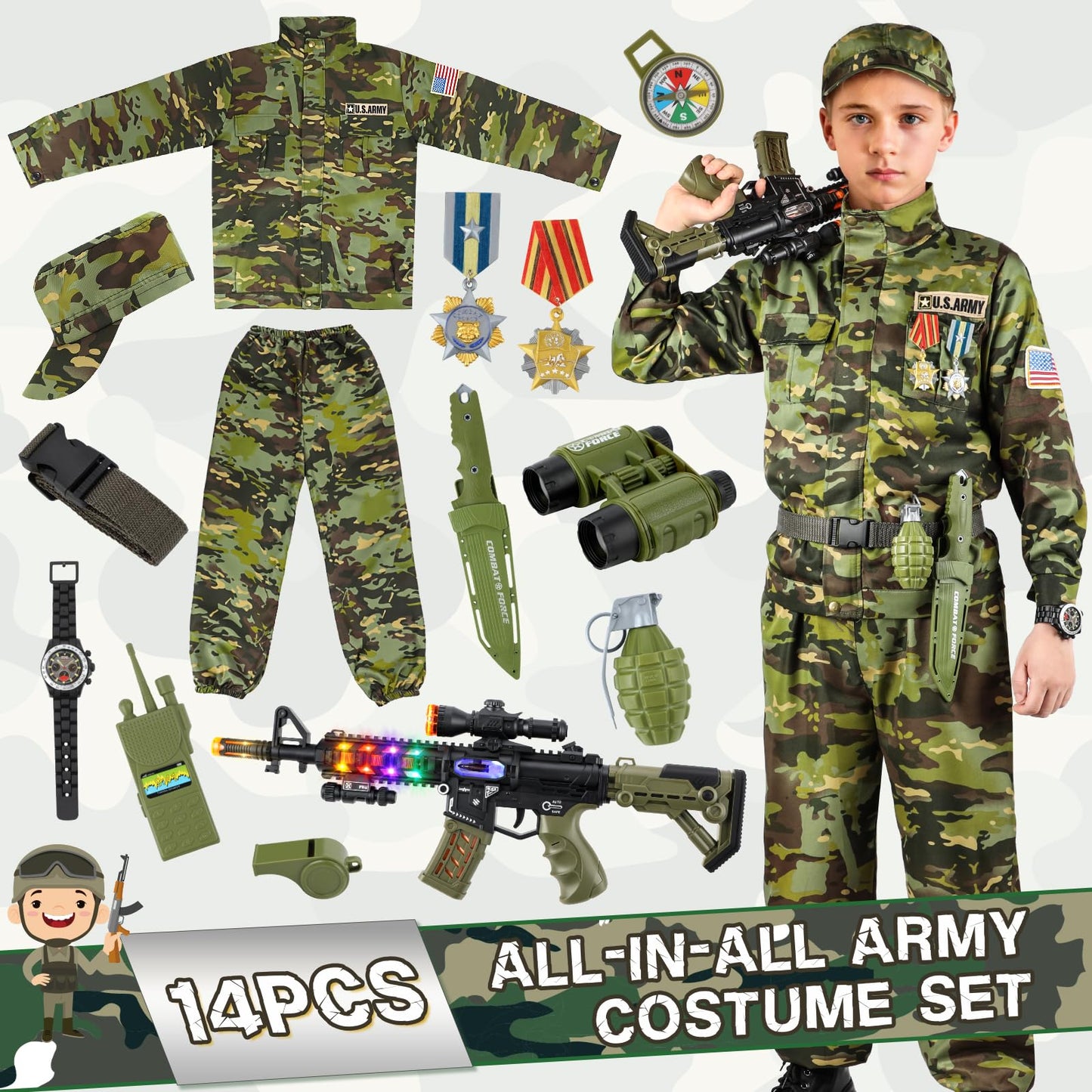 Metemot Kids Army Costume Deluxe Set - 14-Piece Military Dress Up for Boys