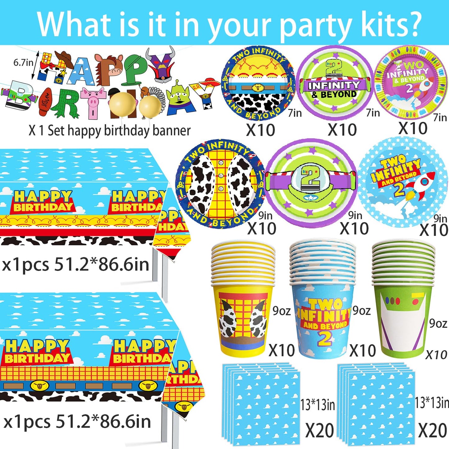 METIXOZE 133pc 2 Infinity & Inspired Two Beyond Birthday Decorations – Plates, Napkins, Cups, Tablecloth & Banner for Kids
