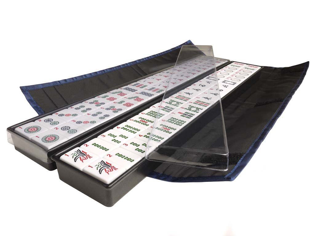 Metro Mah Jongg American Set – 166 White Tiles, 4-in-1 Rack, Blue Canvas Bag