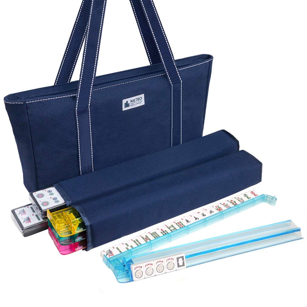 Metro Mah Jongg American Set – 166 White Tiles, 4-in-1 Rack, Blue Canvas Bag
