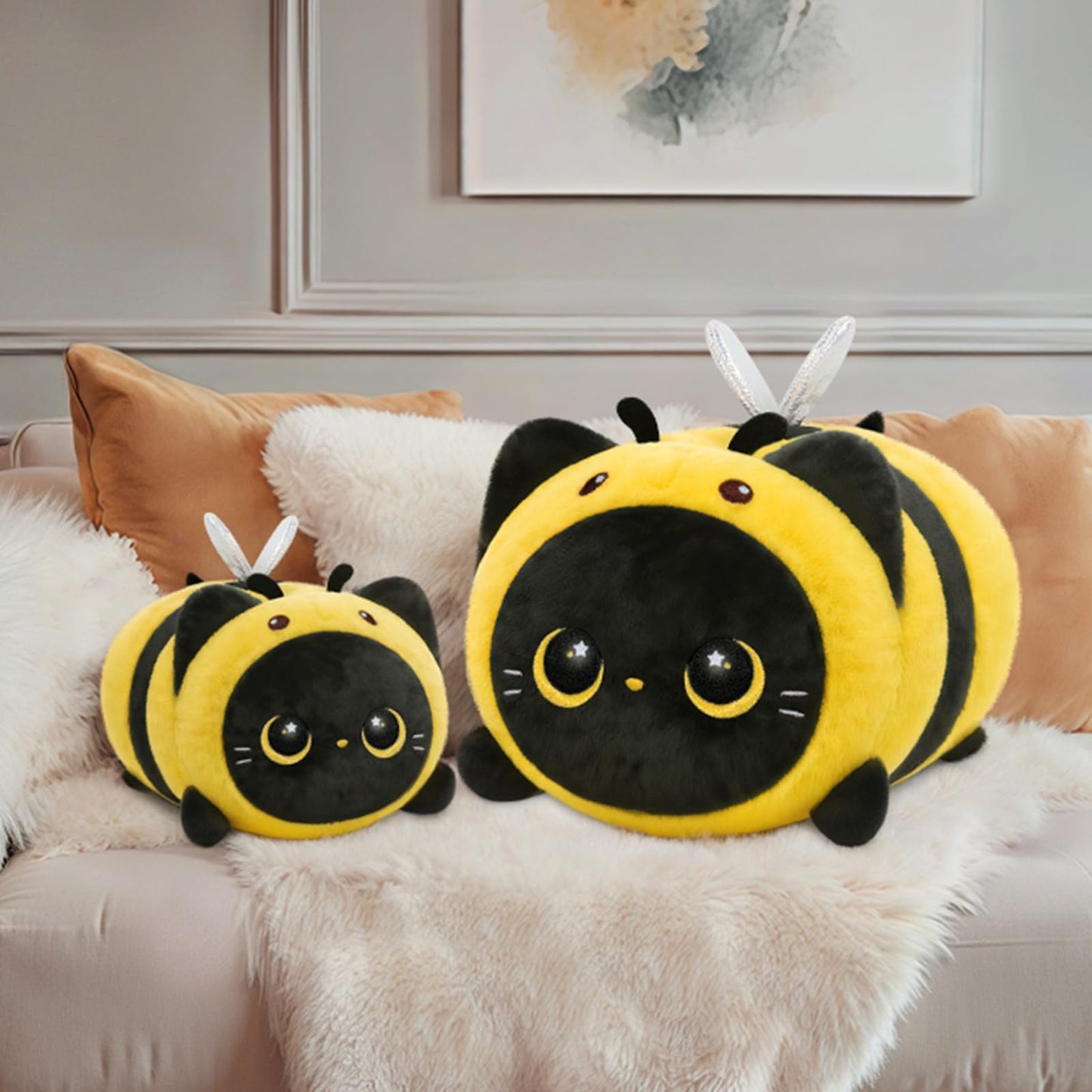 Mewaii Cute Black Cat Bee Plush Pillow — 16in Kawaii Toy