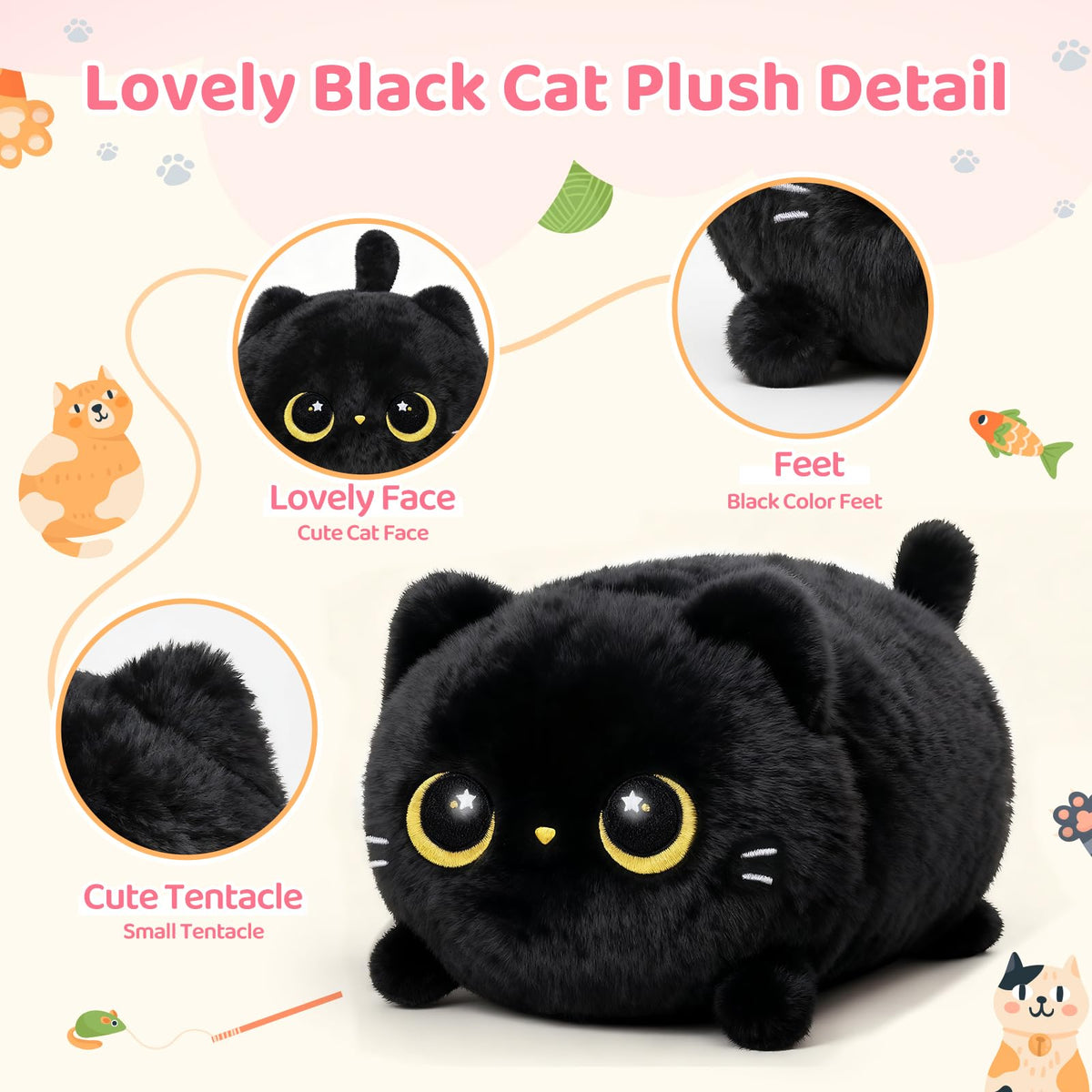 Mewaii Black Cat Plush — 8-Inch Soft Plush Toy, Cuddle Pillow, Anime Plushie Gift
