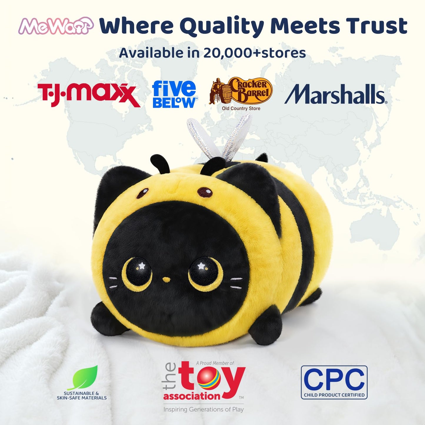 Mewaii Cute Black Cat Bee Plush Pillow — 16in Kawaii Toy