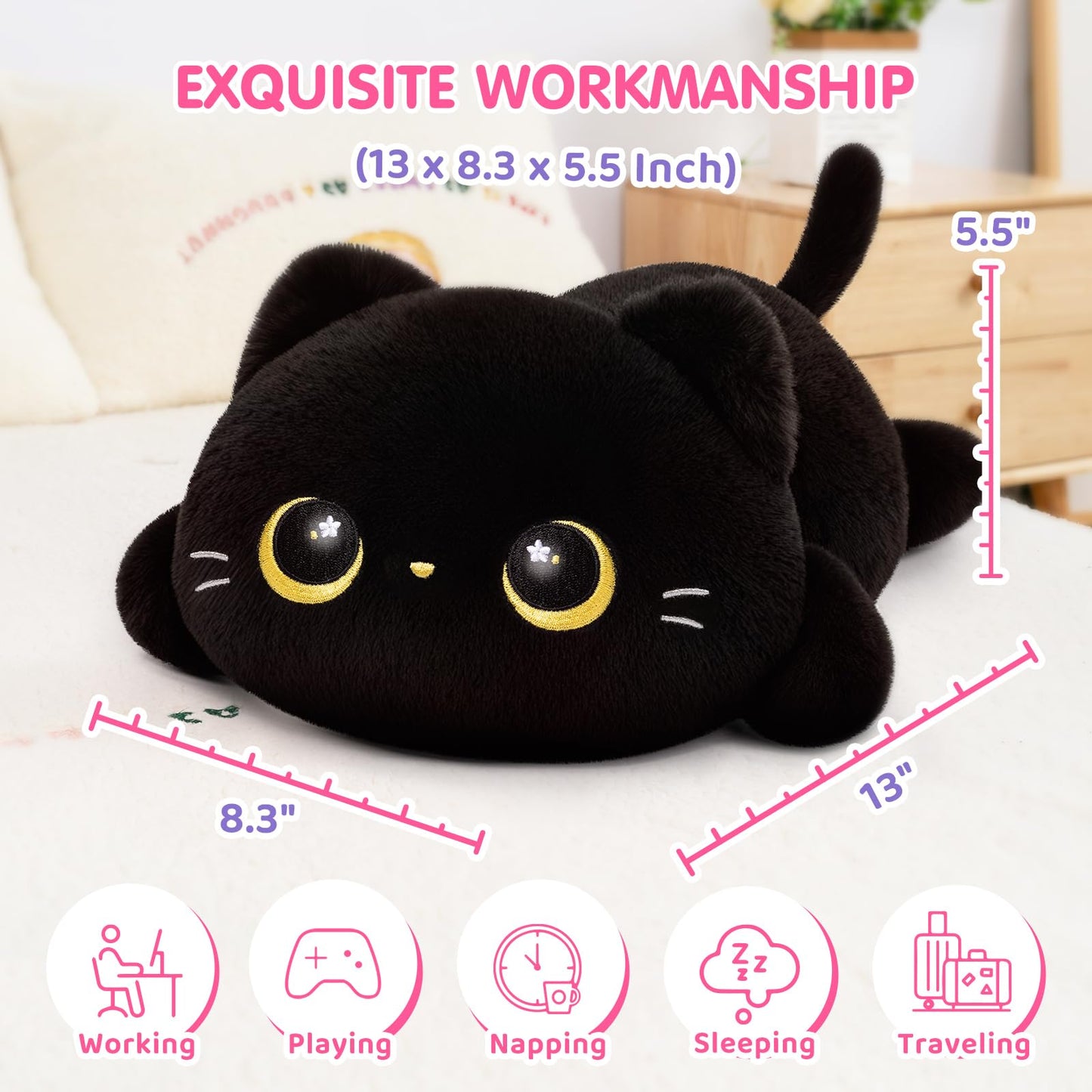 Mewaii Cute Black Cat Plush Pillow – 13-Inch Kawaii Cat Stuffed Toy