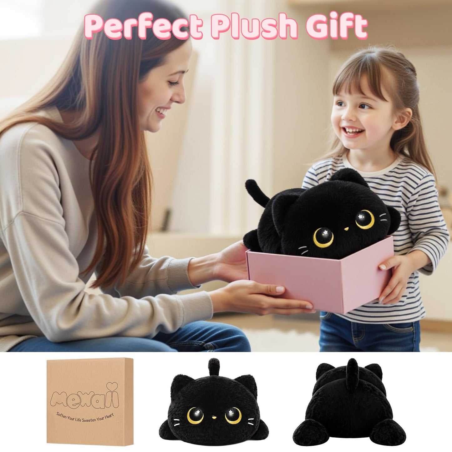 Mewaii Cute Black Cat Plush Pillow – 13-Inch Kawaii Cat Stuffed Toy