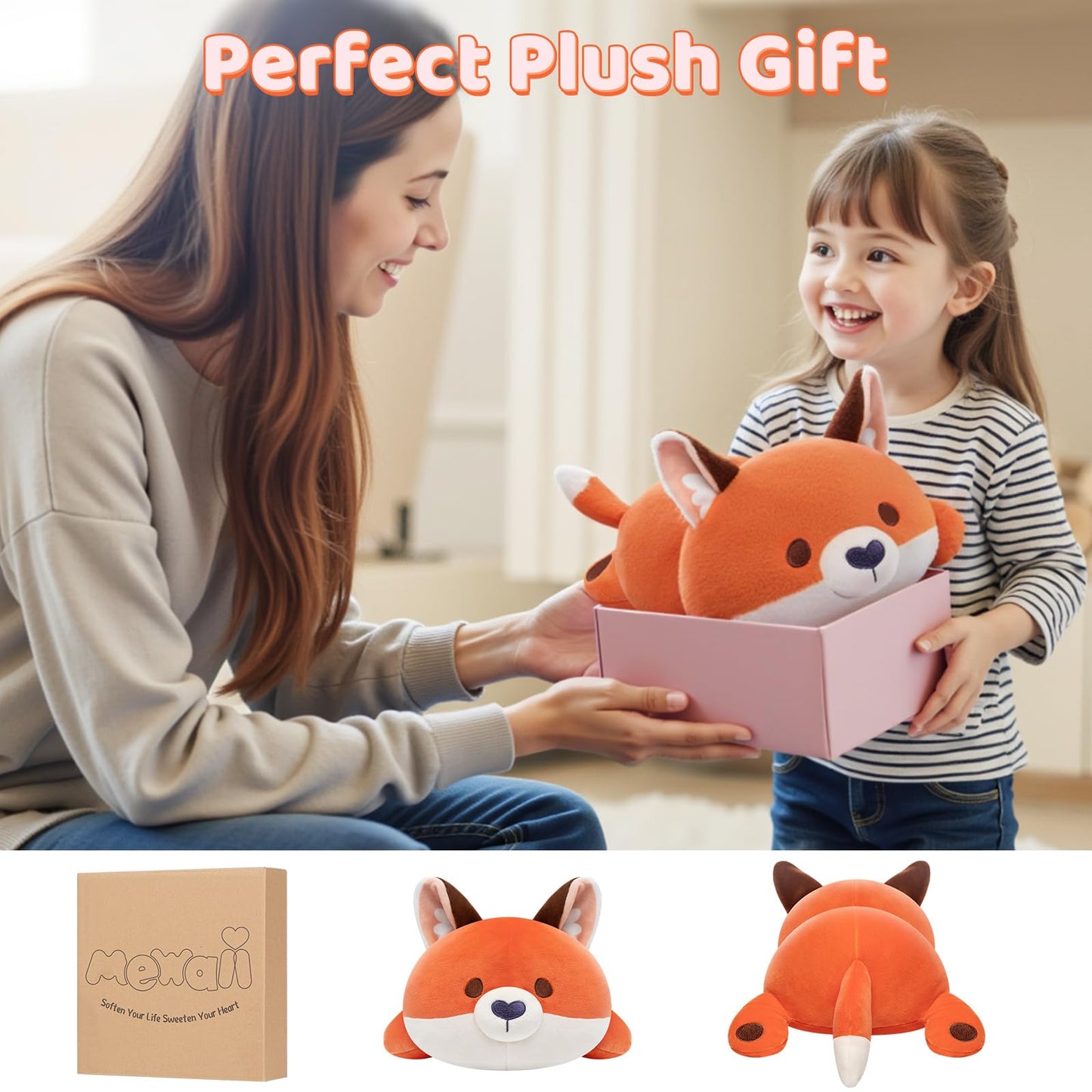 Mewaii Cute Fox Plush Pillow | 13-Inch Red Fox Stuffed Animal, Kawaii Comfort