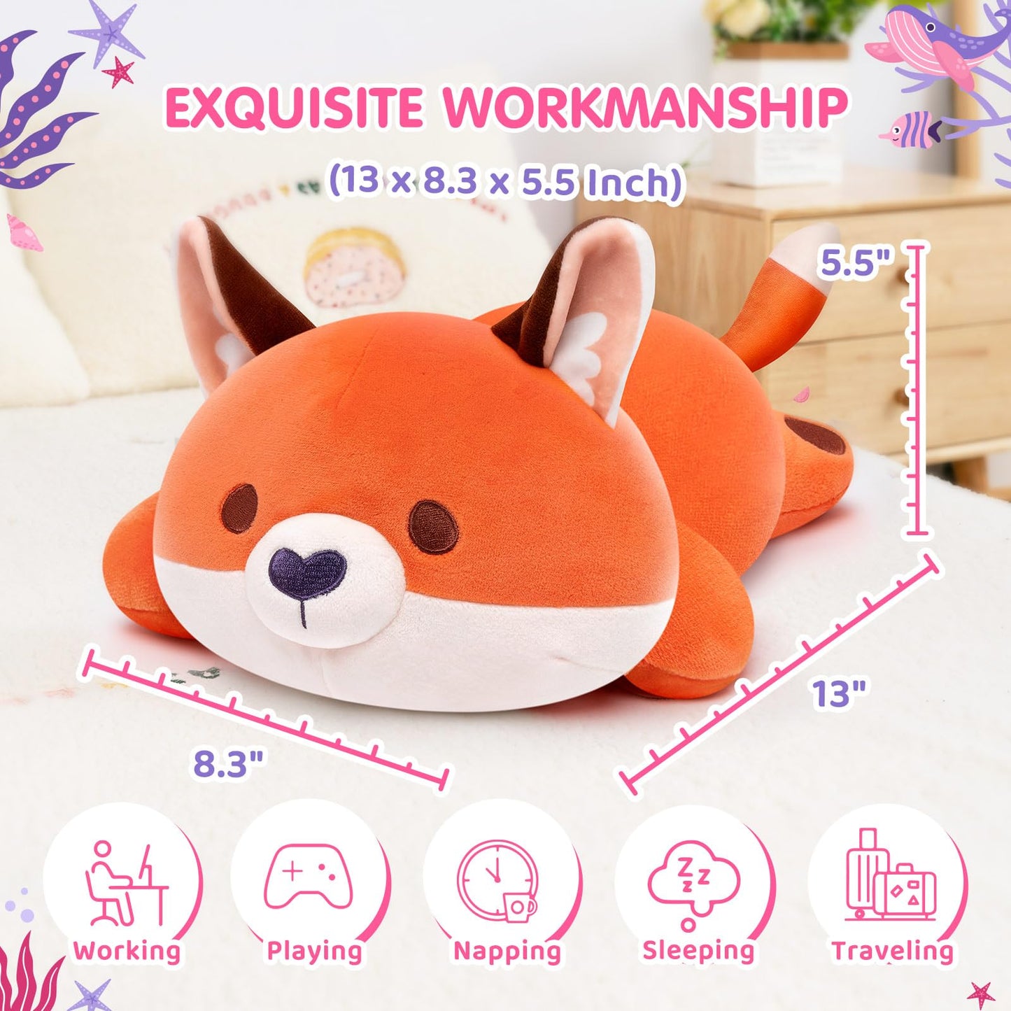 Mewaii Cute Fox Plush Pillow | 13-Inch Red Fox Stuffed Animal, Kawaii Comfort