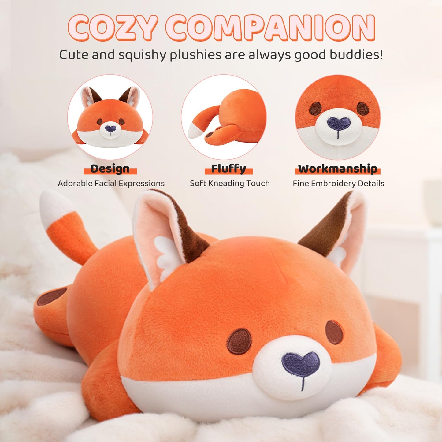 Mewaii Cute Fox Plush Pillow | 13-Inch Red Fox Stuffed Animal, Kawaii Comfort