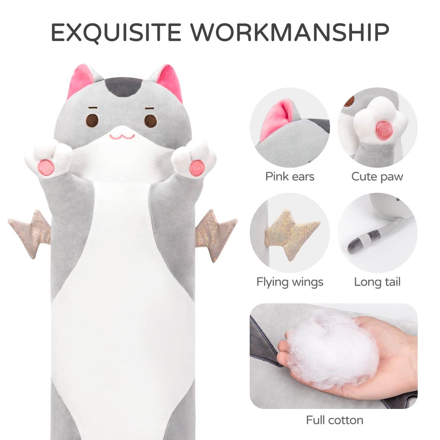 Mewaii Long Cat Plush 36in – Giant Body Pillow & Soft Grey Cat Stuffed Animal