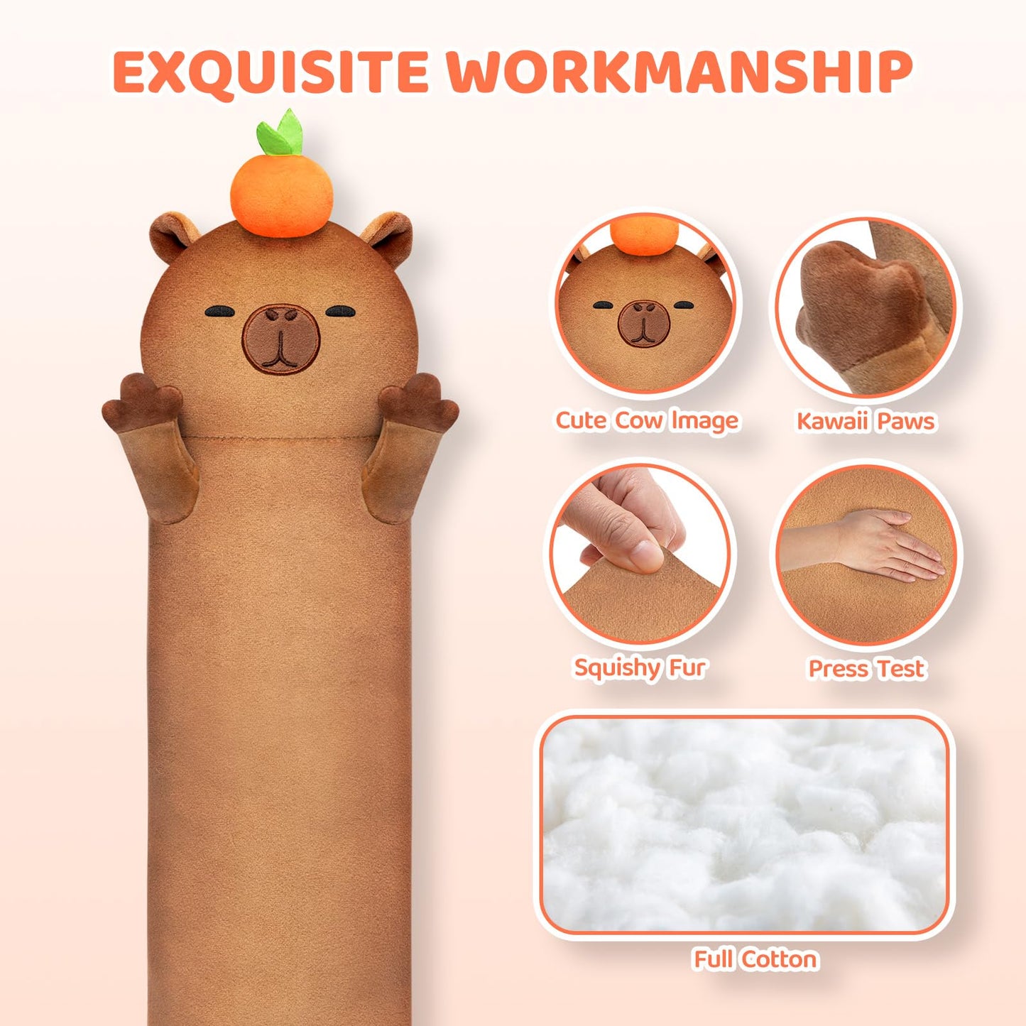 Mewaii Long Capybara Plush – 5 Sizes, Giant 44” Body Pillow, Kawaii Capybara Stuffed Animal