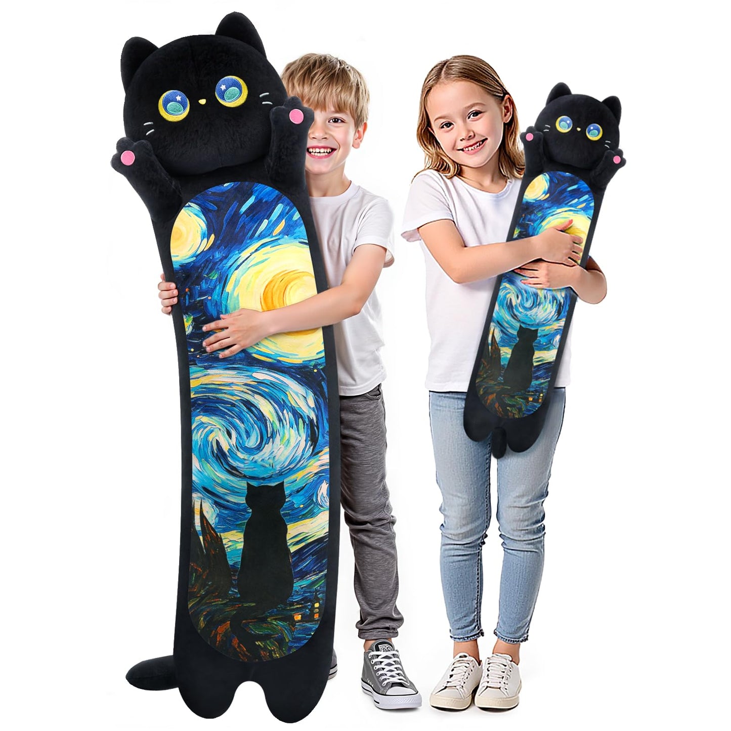 Mewaii Long Cat Plush – 5 Sizes Giant Body Pillow (44 in) | Kawaii Black Starry Cat