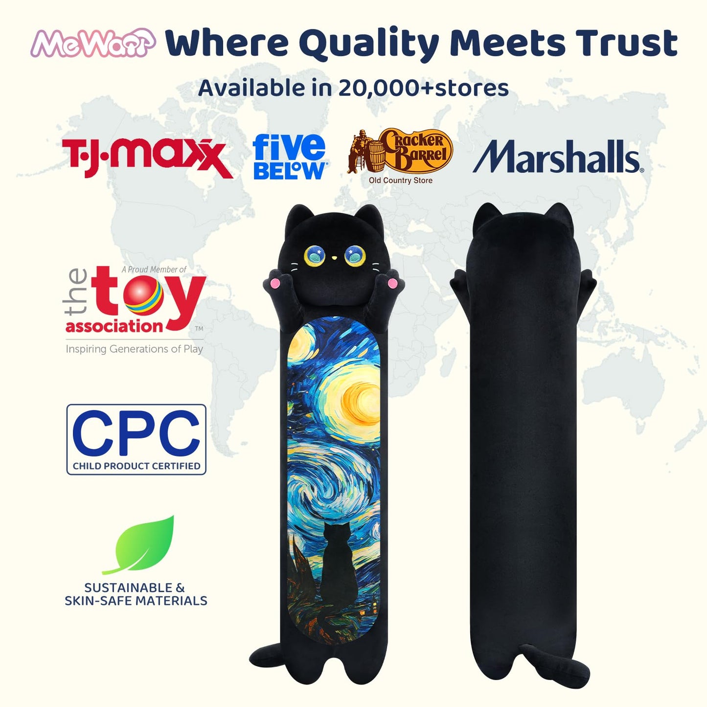 Mewaii Long Cat Plush – 5 Sizes Giant Body Pillow (44 in) | Kawaii Black Starry Cat