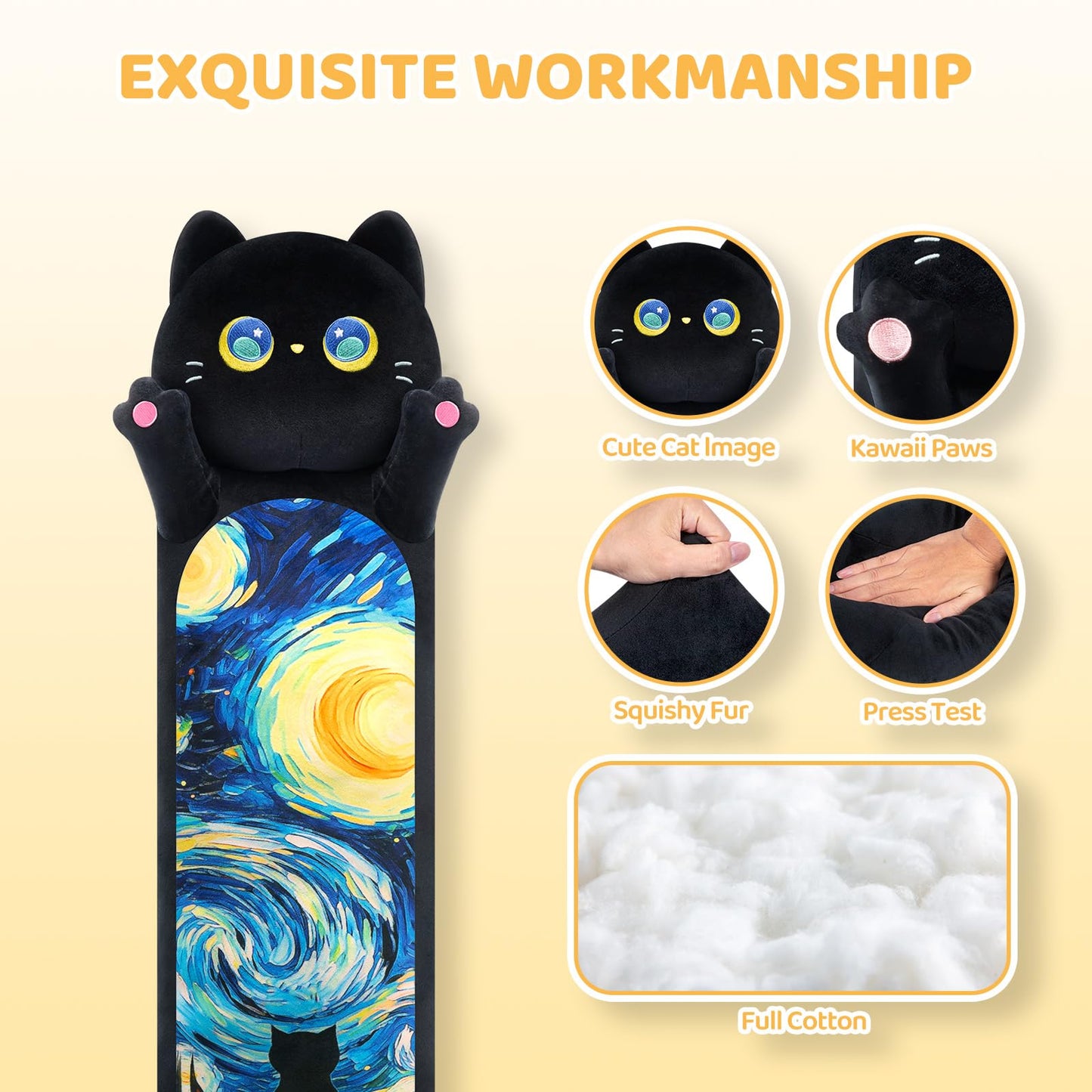 Mewaii Long Cat Plush – 5 Sizes Giant Body Pillow (44 in) | Kawaii Black Starry Cat