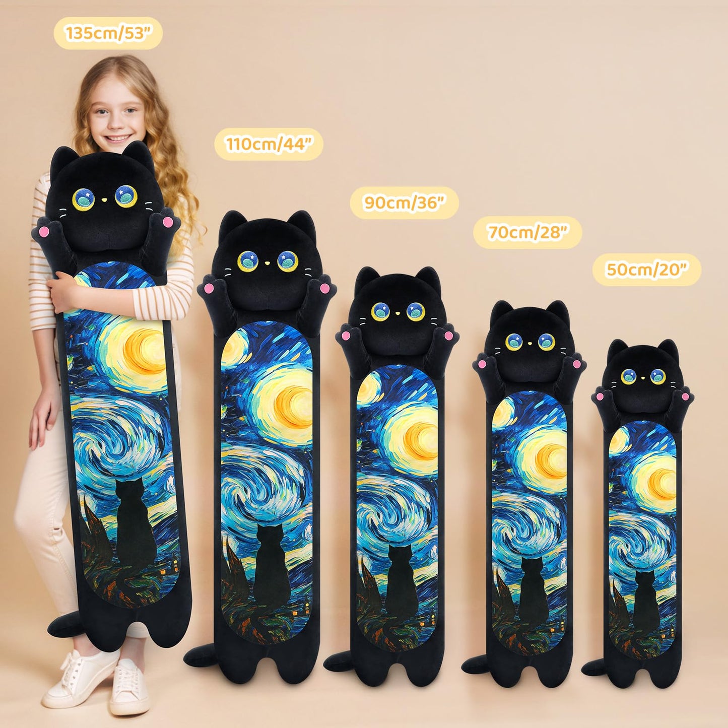 Mewaii Long Cat Plush – 5 Sizes Giant Body Pillow (44 in) | Kawaii Black Starry Cat