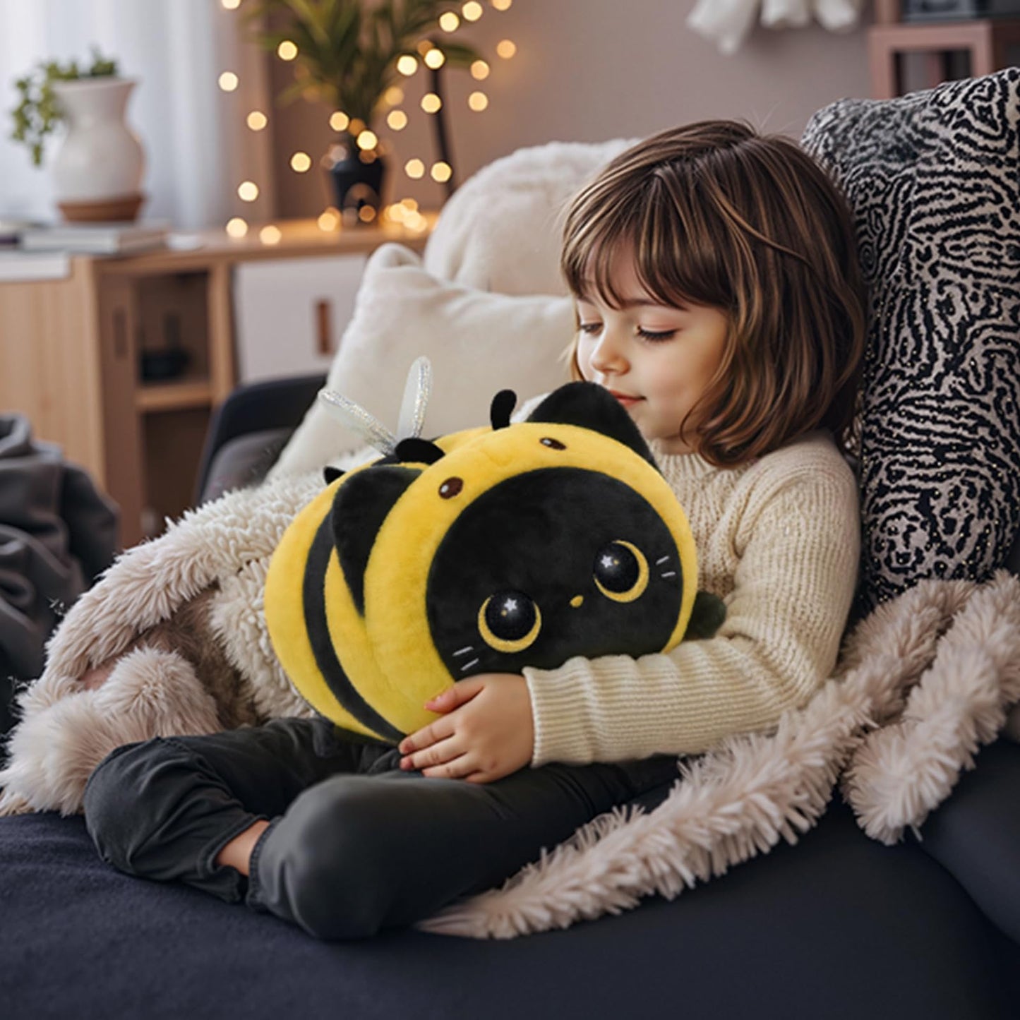 Mewaii Cute Black Cat Bee Plush Pillow — 16in Kawaii Toy