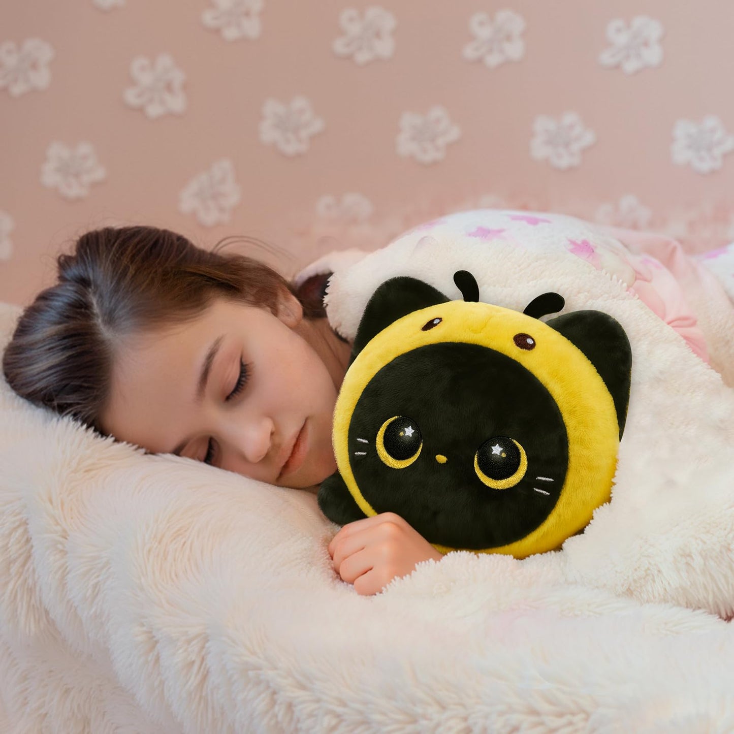 Mewaii Cute Black Cat Bee Plush Pillow — 16in Kawaii Toy