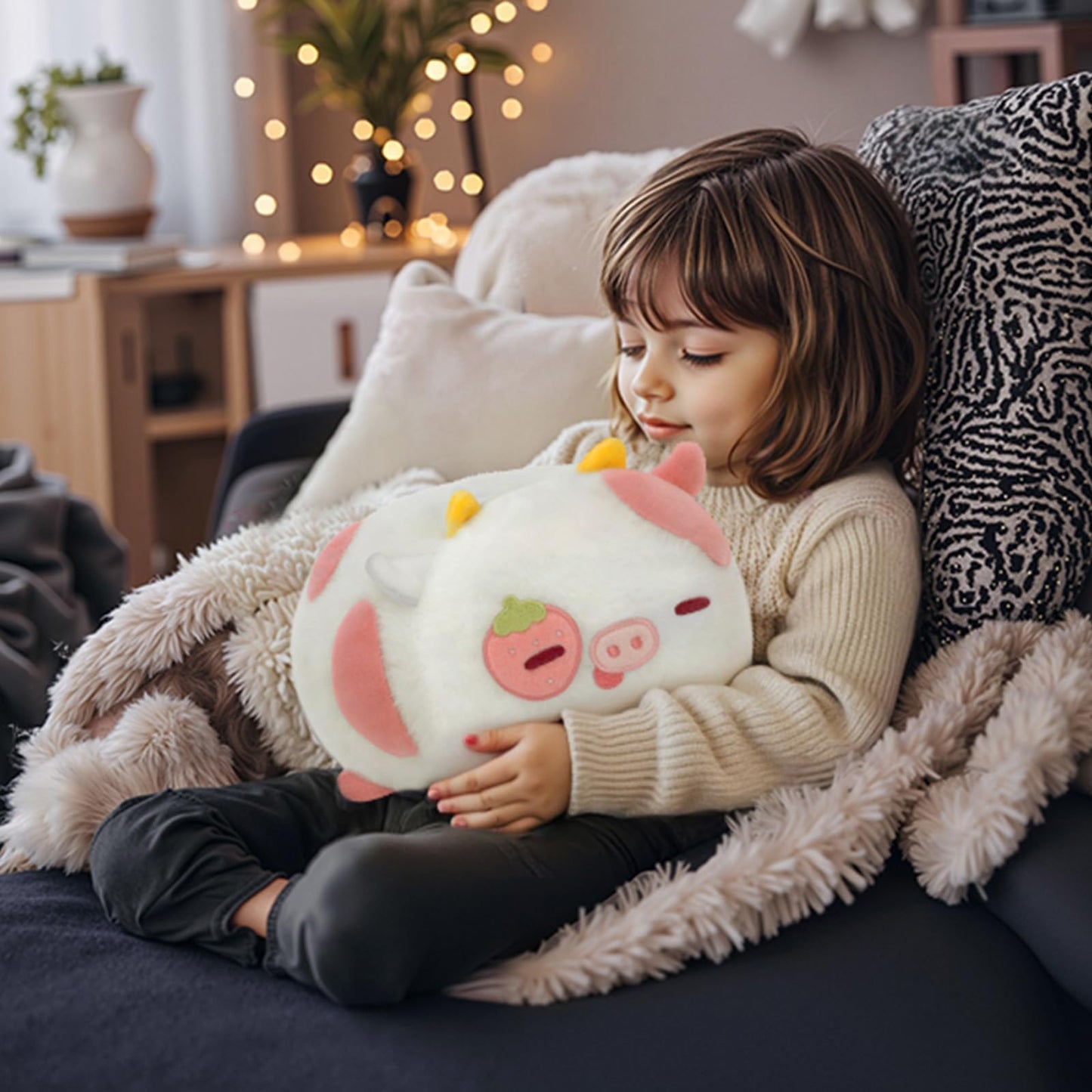 Mewaii Strawberry Cow Plush Pillow – 16-Inch Kawaii Pink Cow Plush Toy