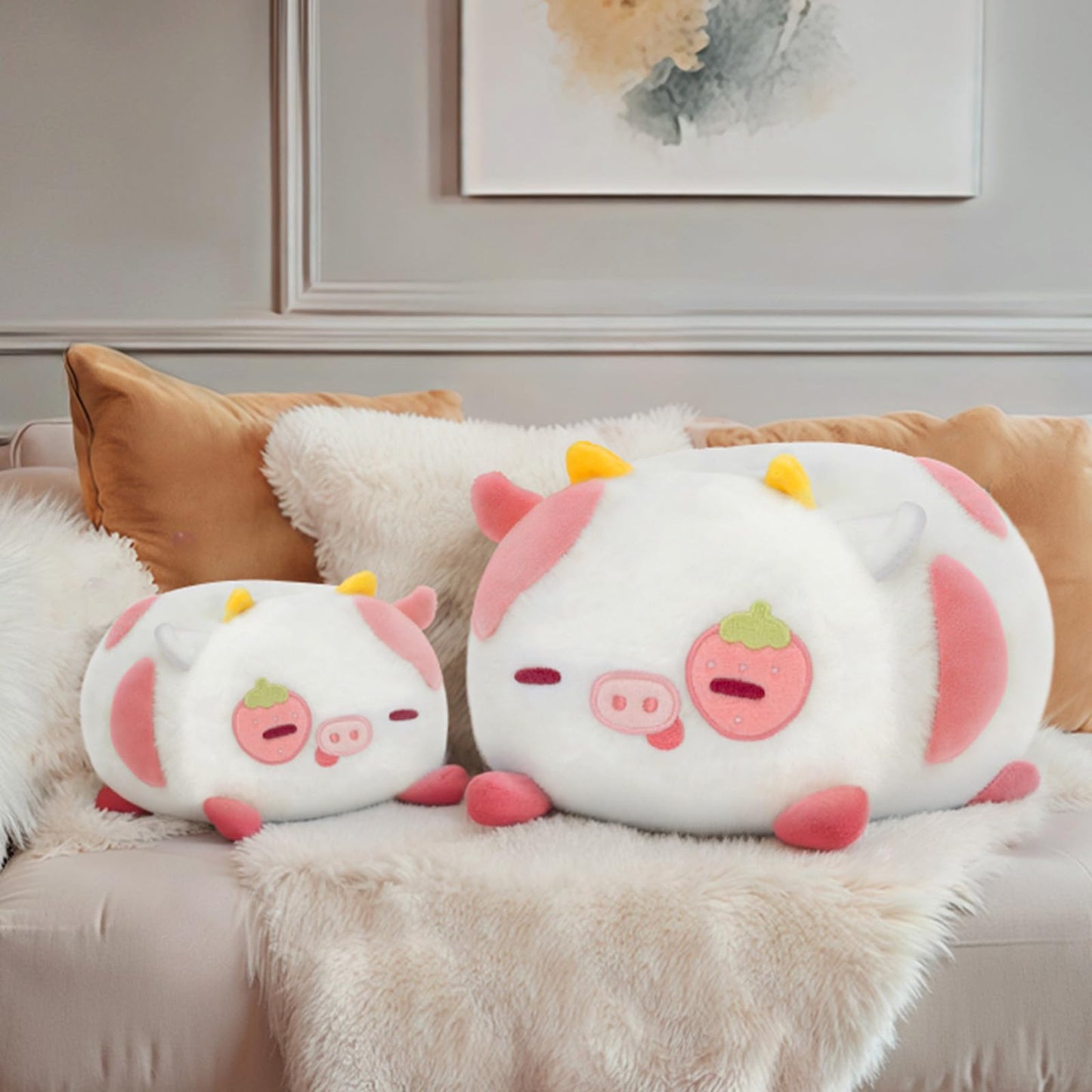 Mewaii Strawberry Cow Plush Pillow – 16-Inch Kawaii Pink Cow Plush Toy