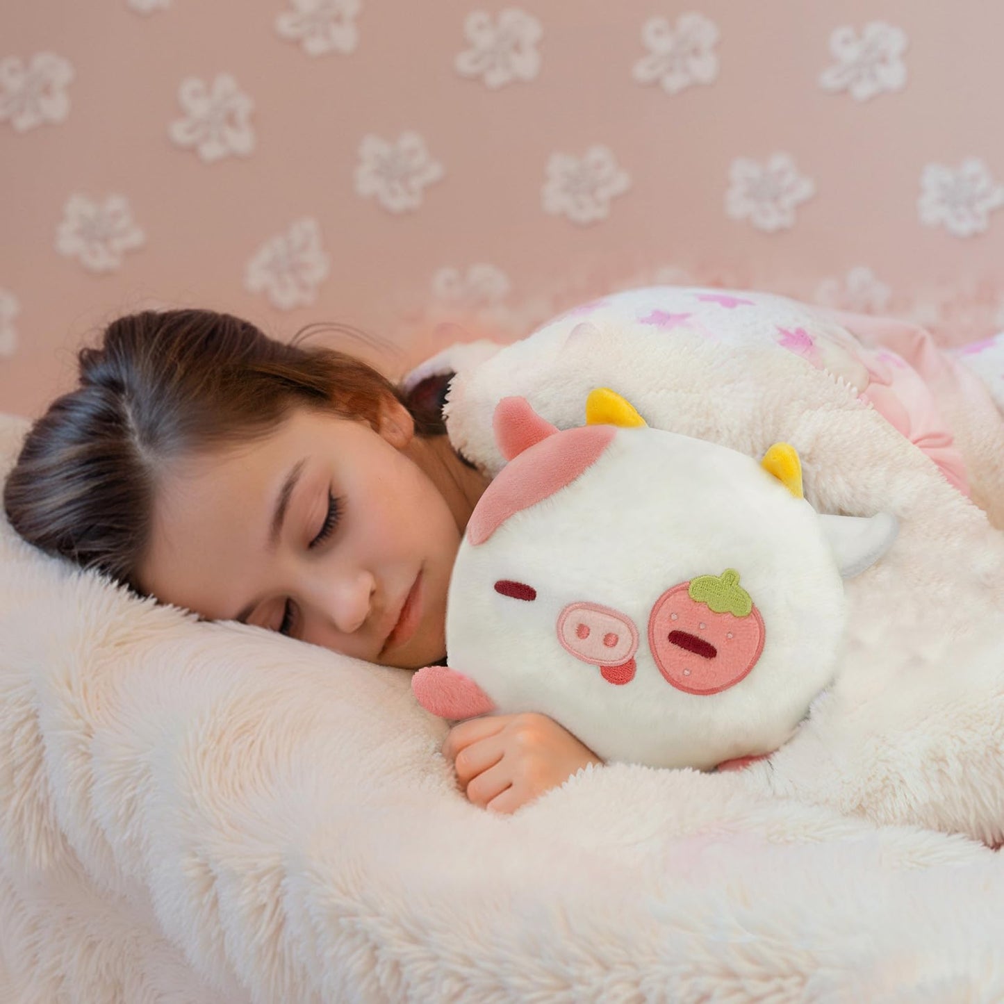 Mewaii Strawberry Cow Plush Pillow – 16-Inch Kawaii Pink Cow Plush Toy