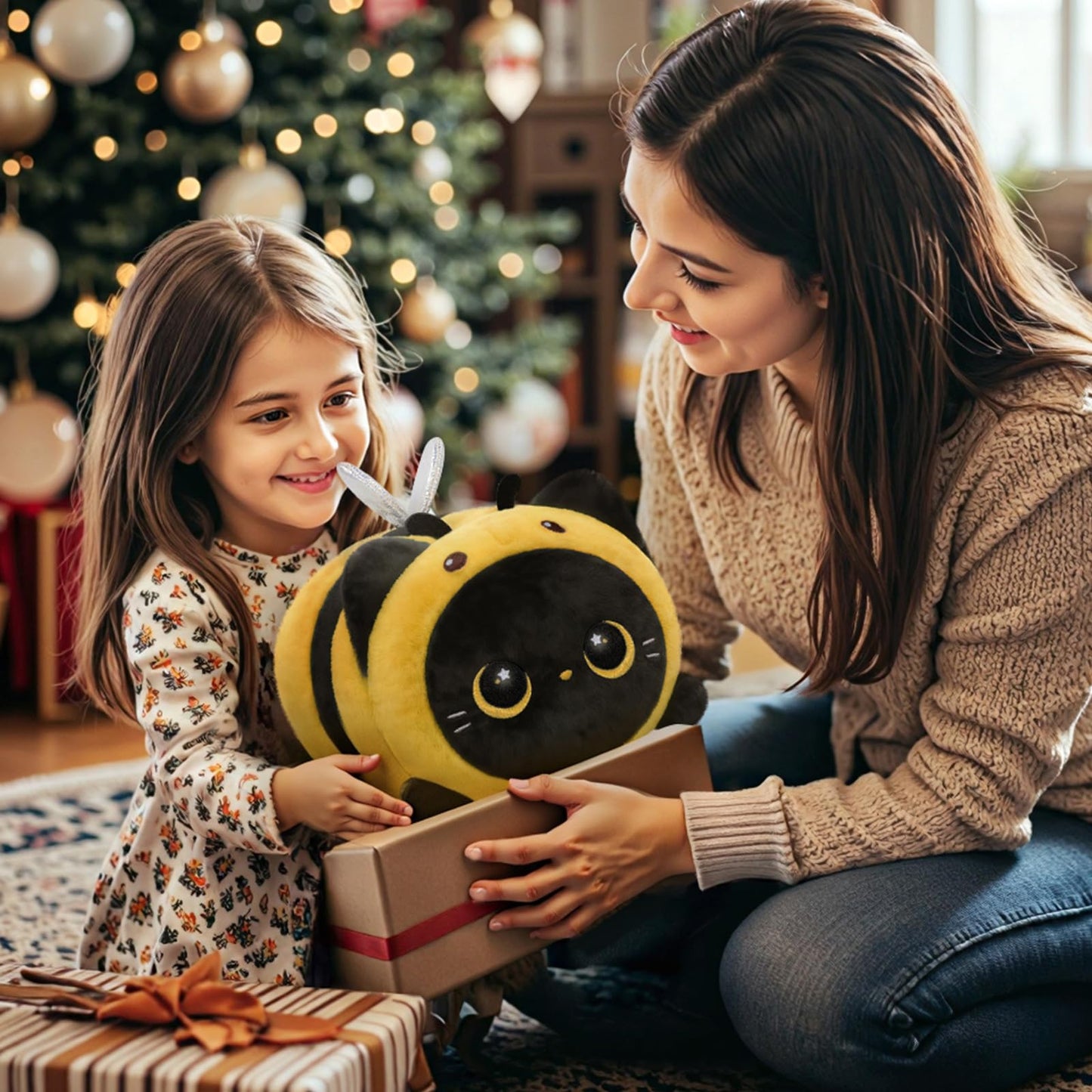 Mewaii Cute Black Cat Bee Plush Pillow — 16in Kawaii Toy
