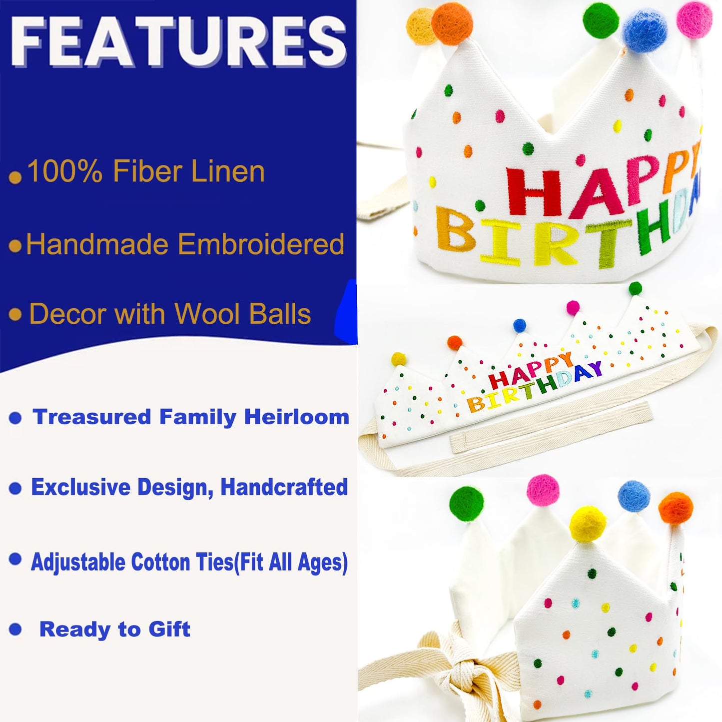 Meygajoe Rainbow Happy Birthday Crown – Reusable Hand Embroidered Birthday Hat