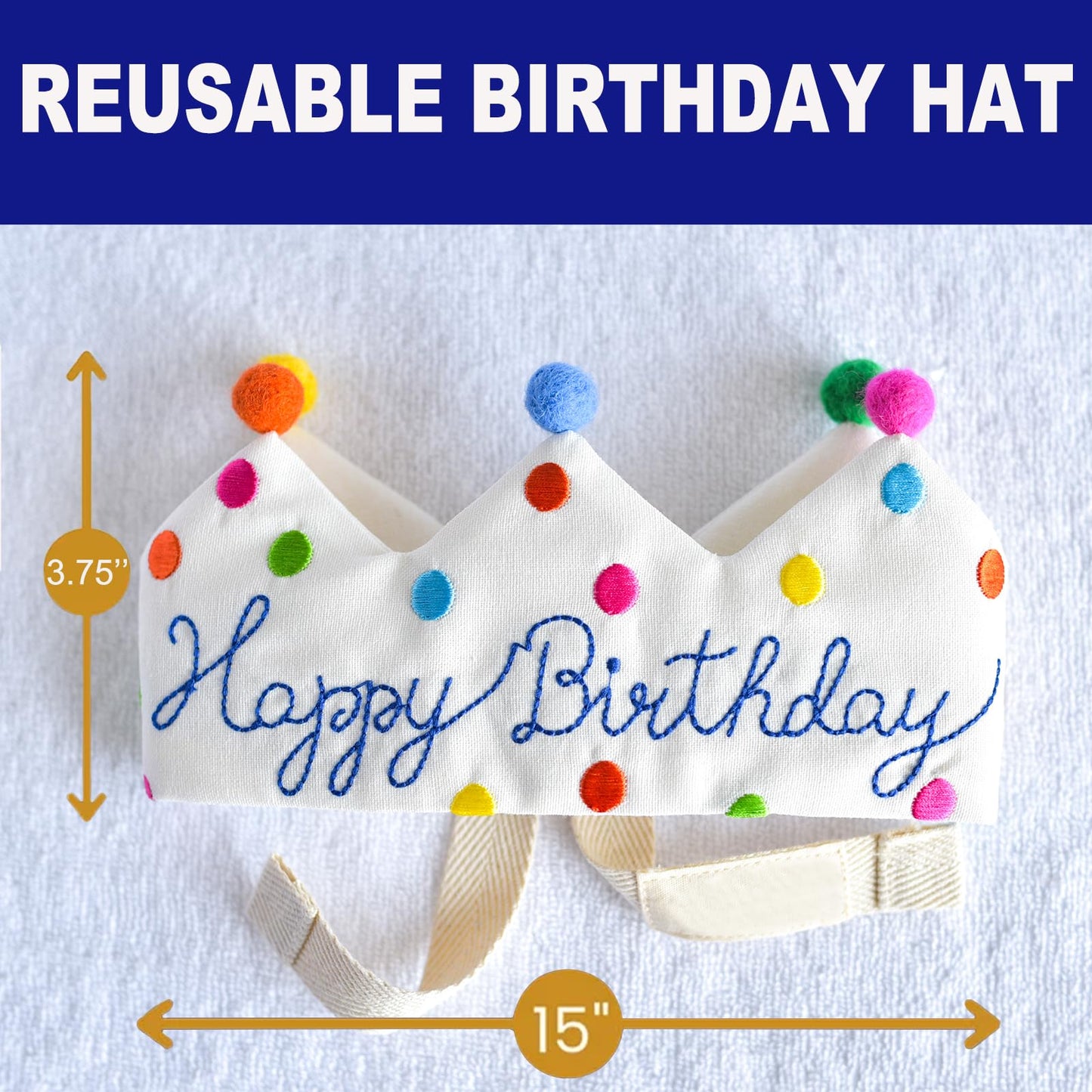 Meygajoe Confetti Birthday Crown - Personalized Hand-Embroidered Reusable Birthday Hat