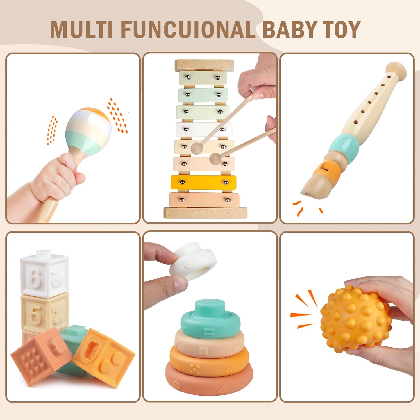 Meytccve Baby Toys Montessori 6-in-1: Stacking Blocks, Wooden Music & Teethers