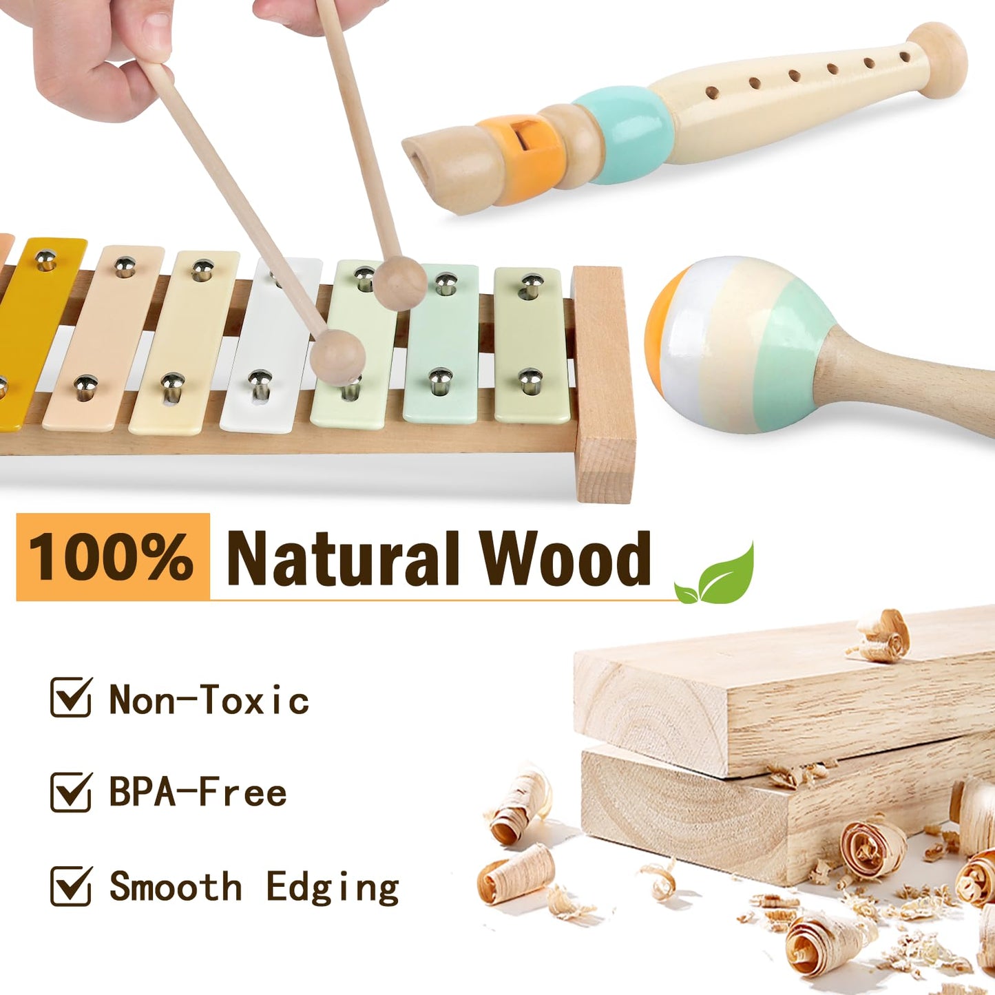 Meytccve Baby Toys Montessori 6-in-1: Stacking Blocks, Wooden Music & Teethers