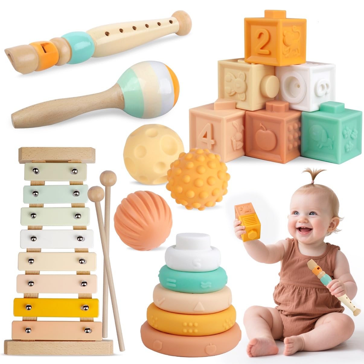 Meytccve Baby Toys Montessori 6-in-1: Stacking Blocks, Wooden Music & Teethers