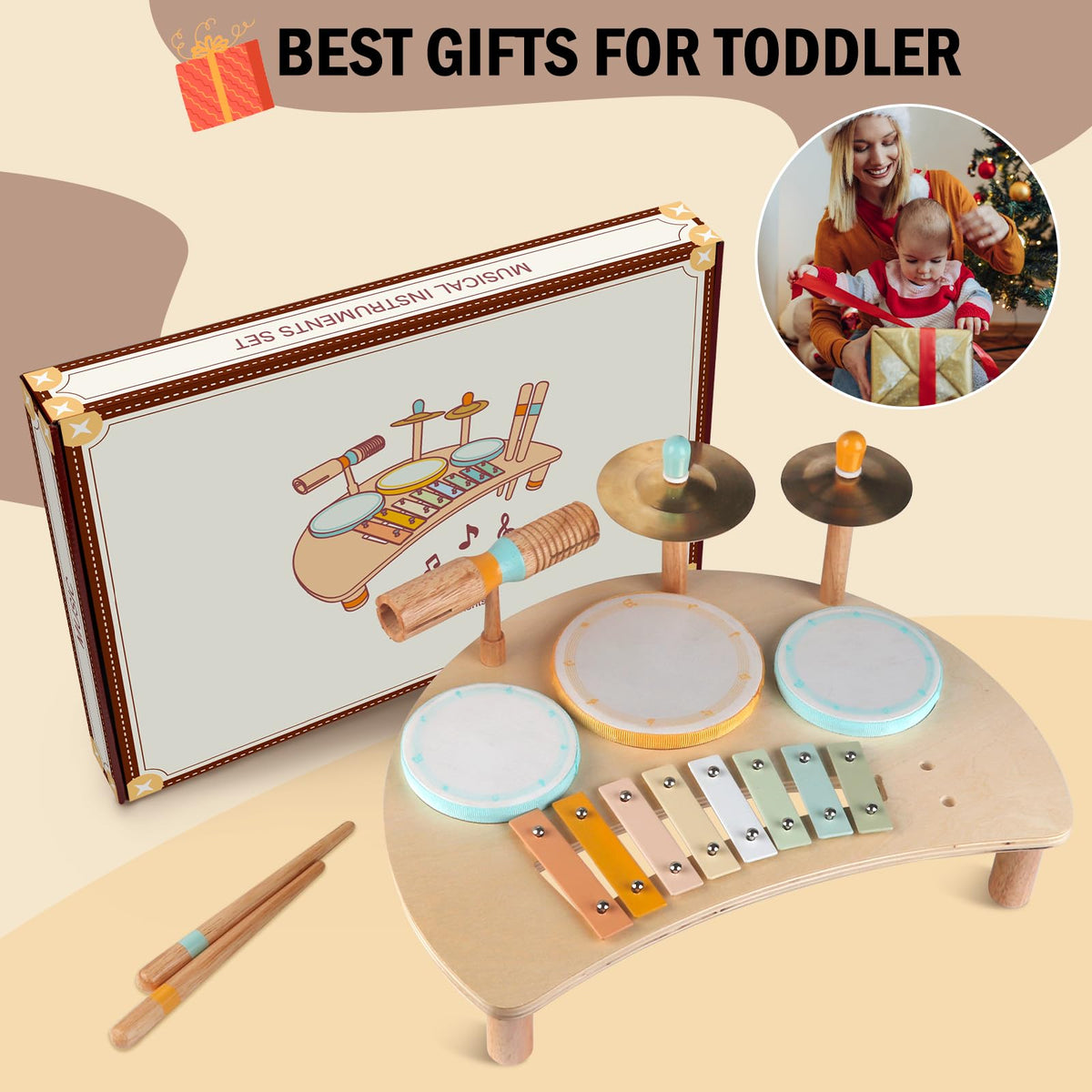 Meytccve Toddlers Drum Set – Wooden Montessori Musical Toys for 1-3 Year Olds