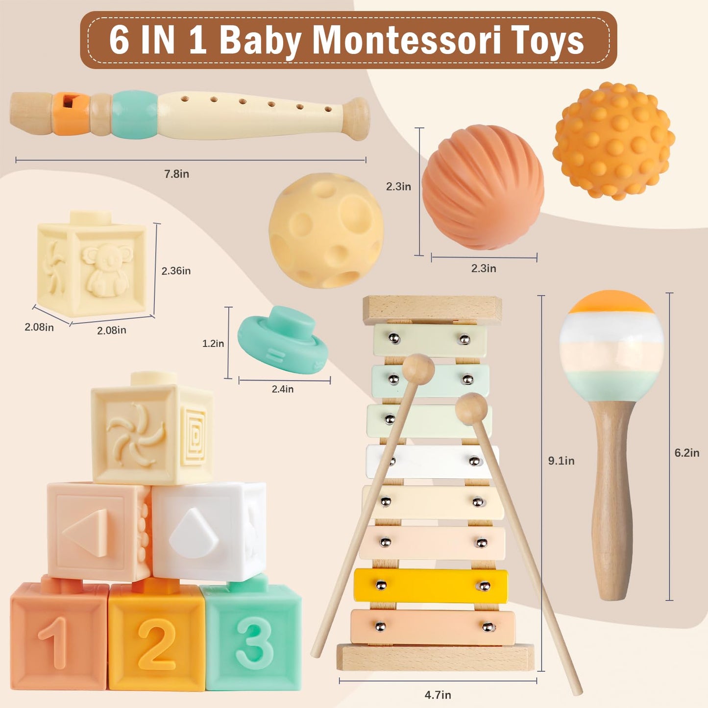 Meytccve Baby Toys Montessori 6-in-1: Stacking Blocks, Wooden Music & Teethers