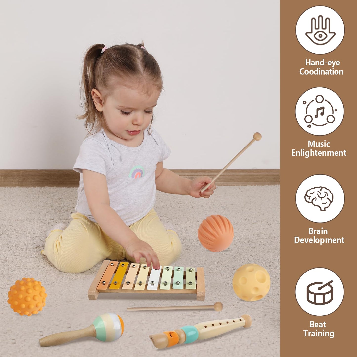 Meytccve Baby Toys Montessori 6-in-1: Stacking Blocks, Wooden Music & Teethers