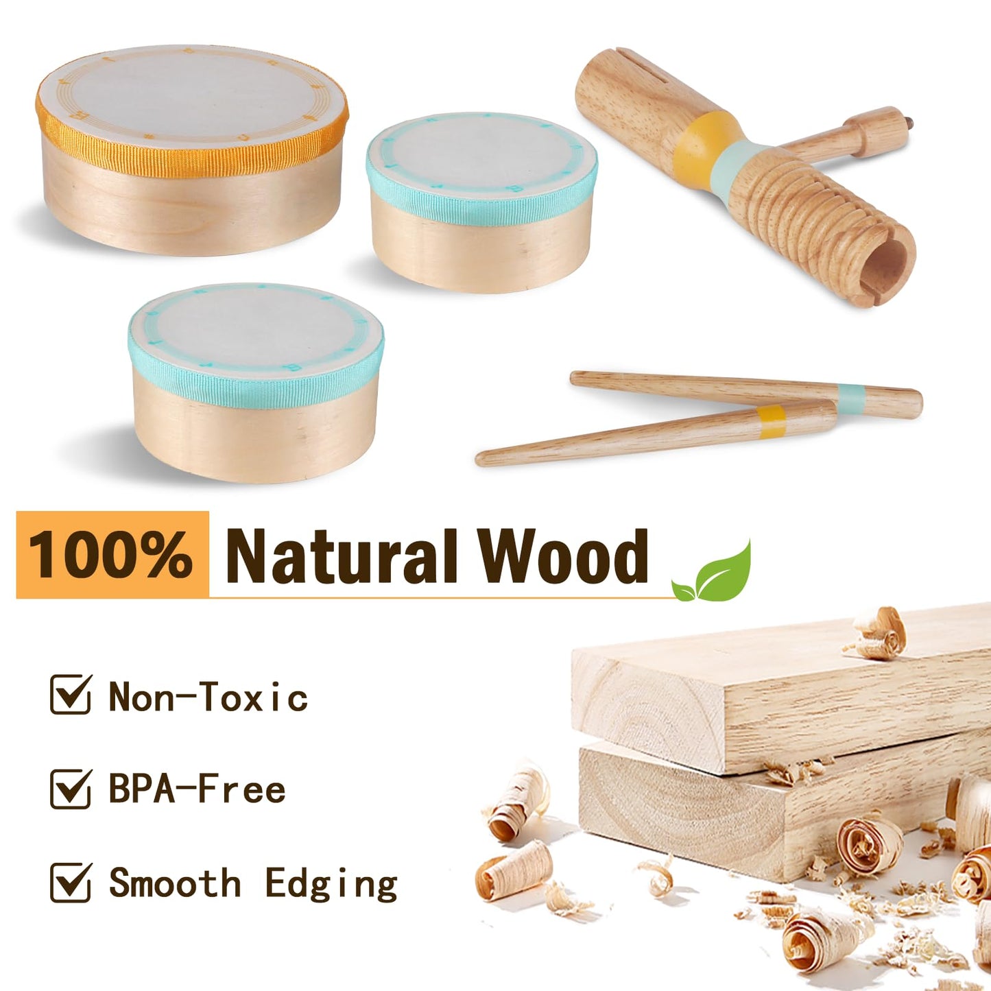 Meytccve Toddlers Drum Set – Wooden Montessori Musical Toys for 1-3 Year Olds