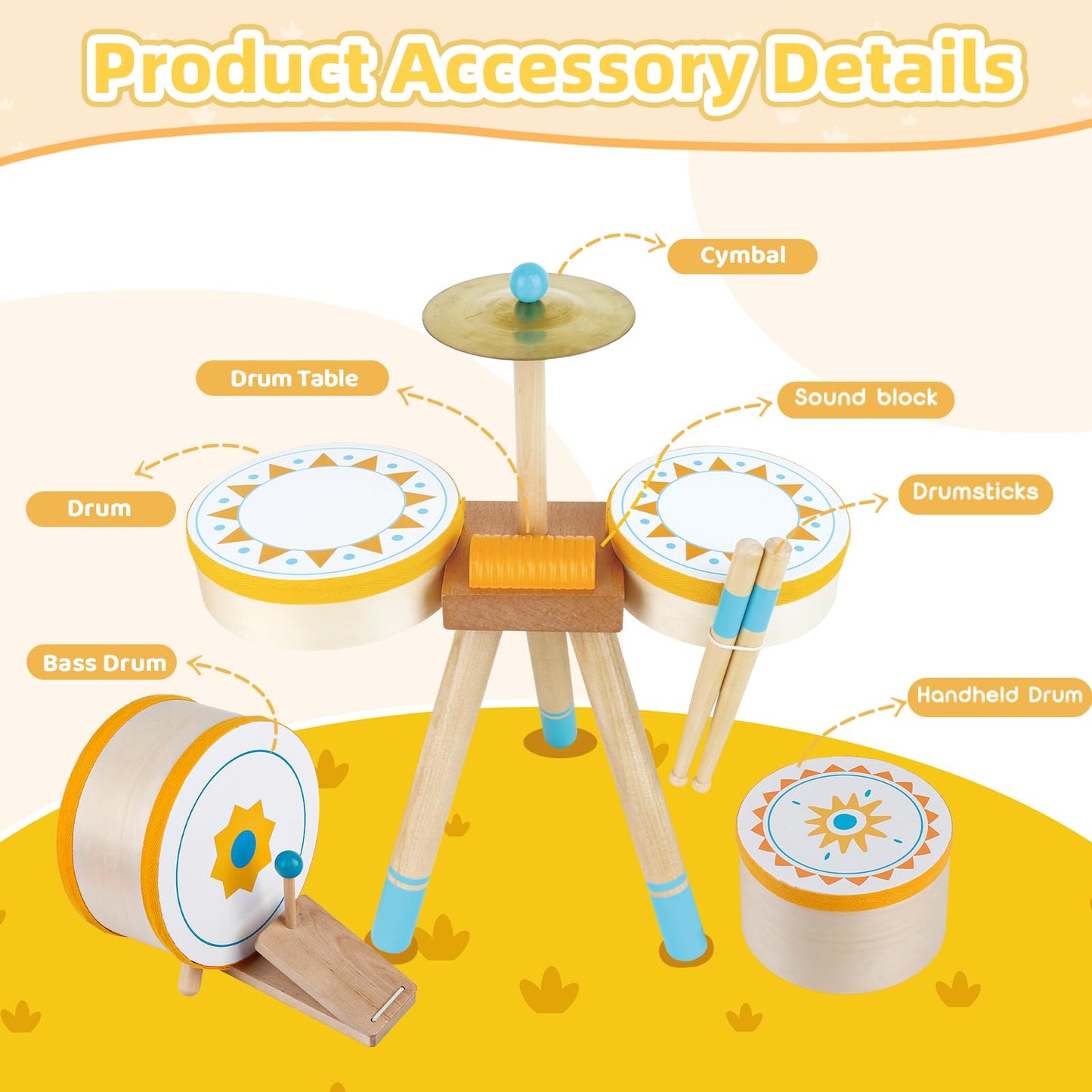 Meytccve Toddlers Drum Set – Wooden Montessori Jazz Drum for 1-3 Years