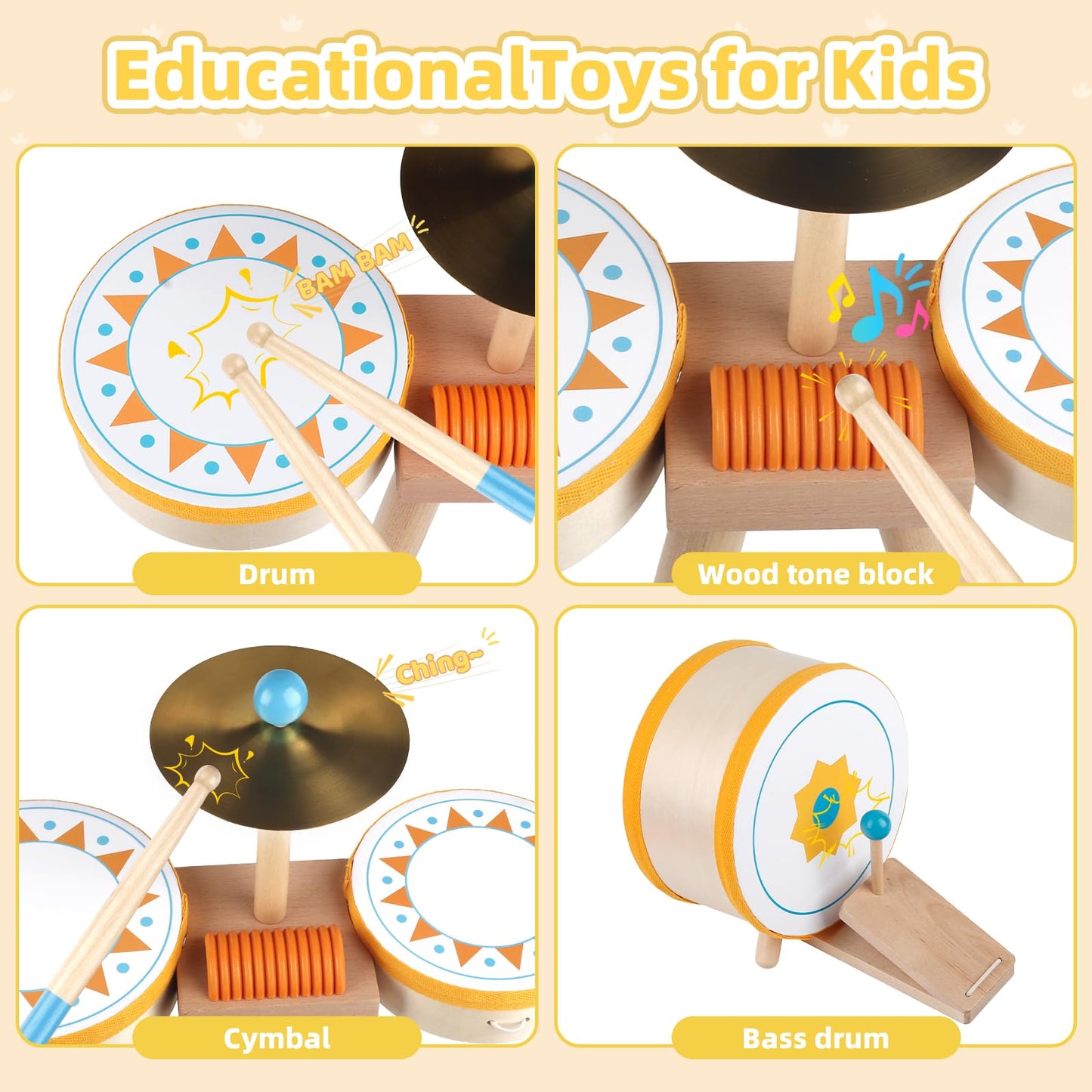 Meytccve Toddlers Drum Set – Wooden Montessori Jazz Drum for 1-3 Years