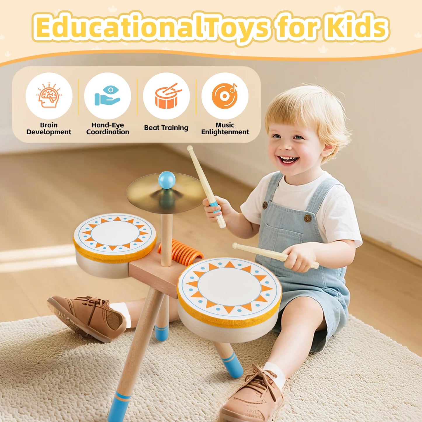 Meytccve Toddlers Drum Set – Wooden Montessori Jazz Drum for 1-3 Years