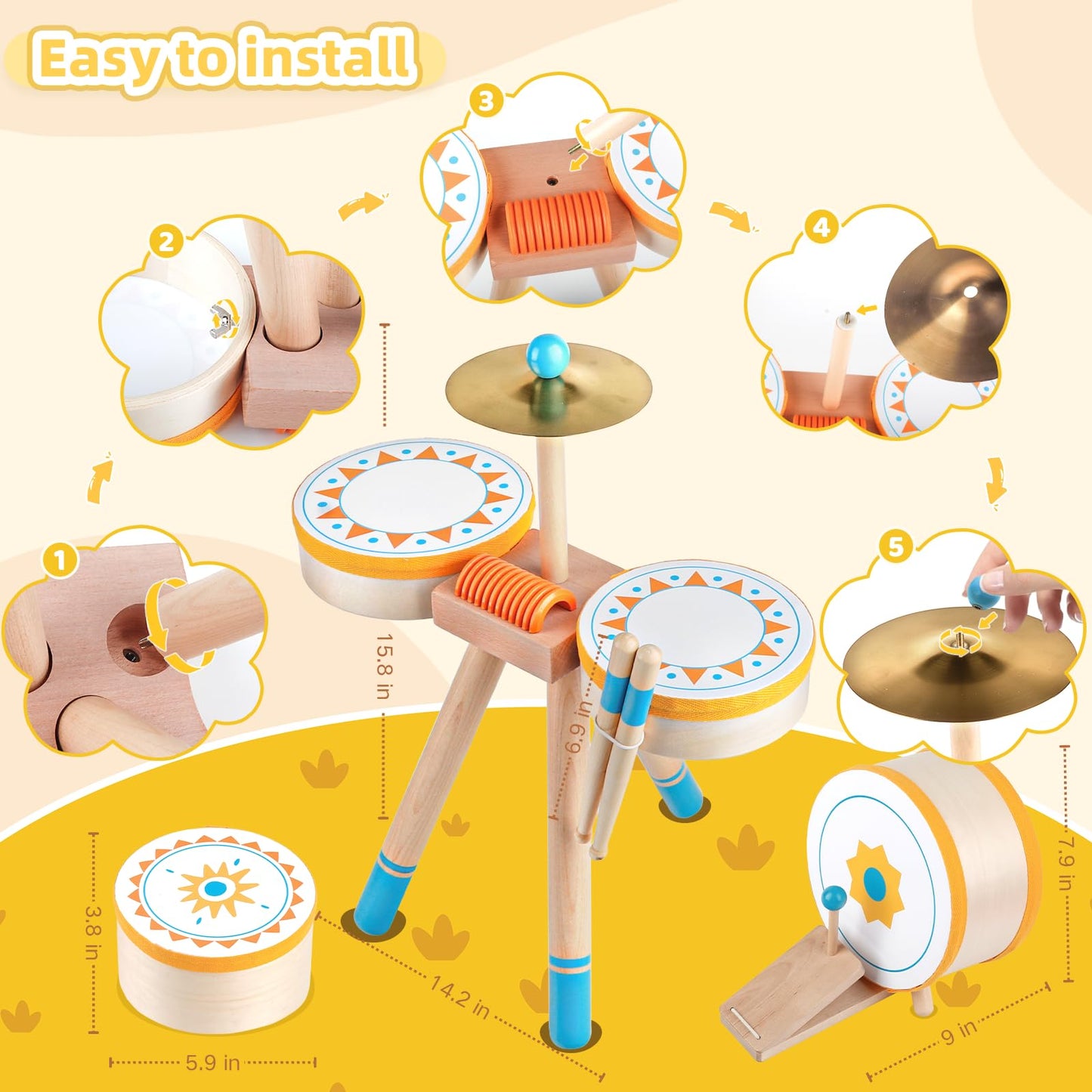Meytccve Toddlers Drum Set – Wooden Montessori Jazz Drum for 1-3 Years