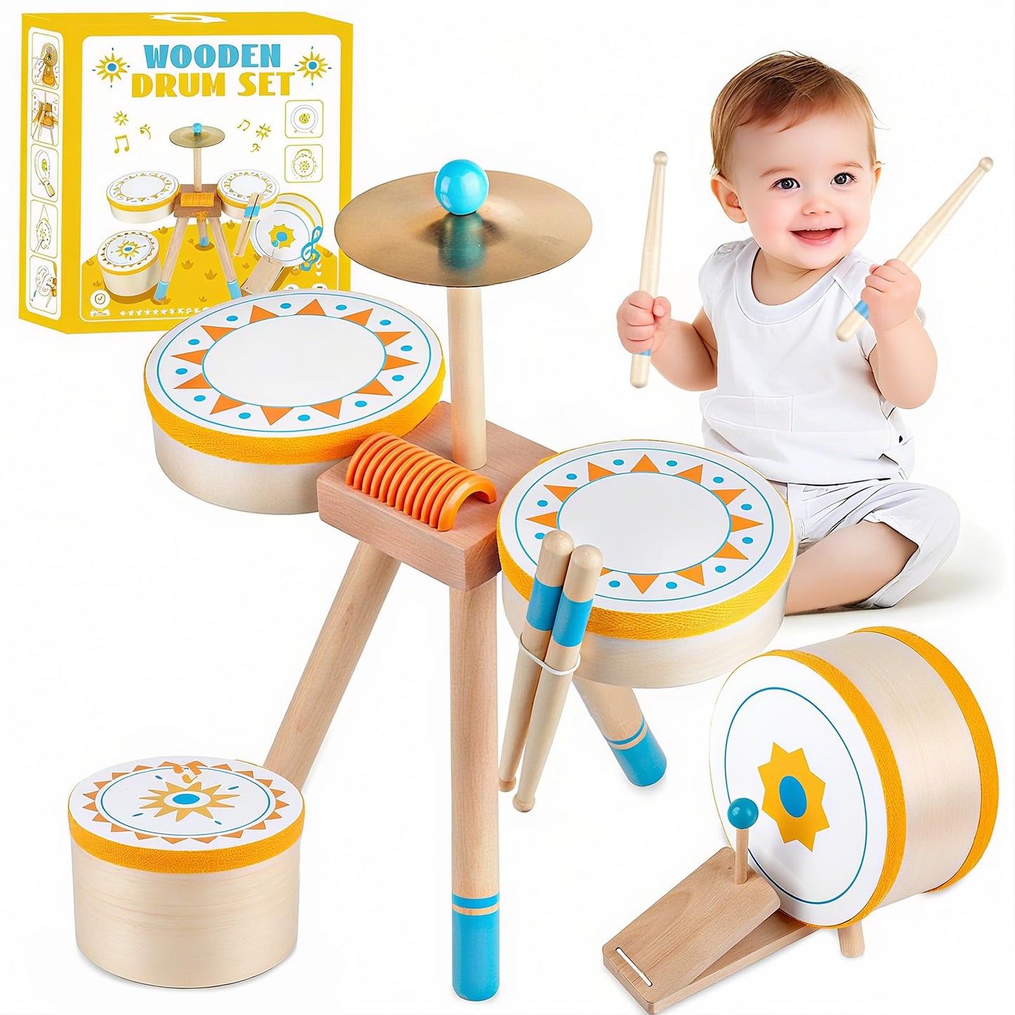 Meytccve Toddlers Drum Set – Wooden Montessori Jazz Drum for 1-3 Years