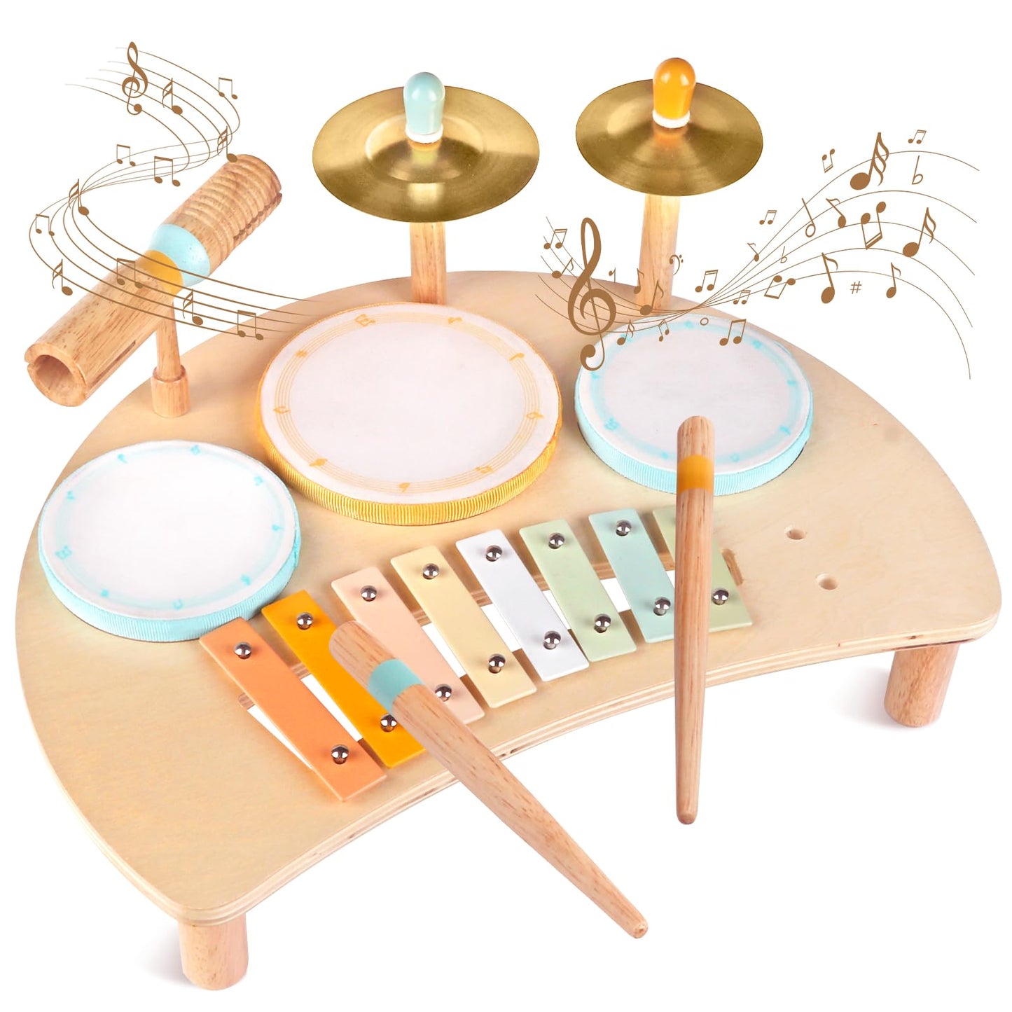 Meytccve Toddlers Drum Set – Wooden Montessori Musical Toys for 1-3 Year Olds