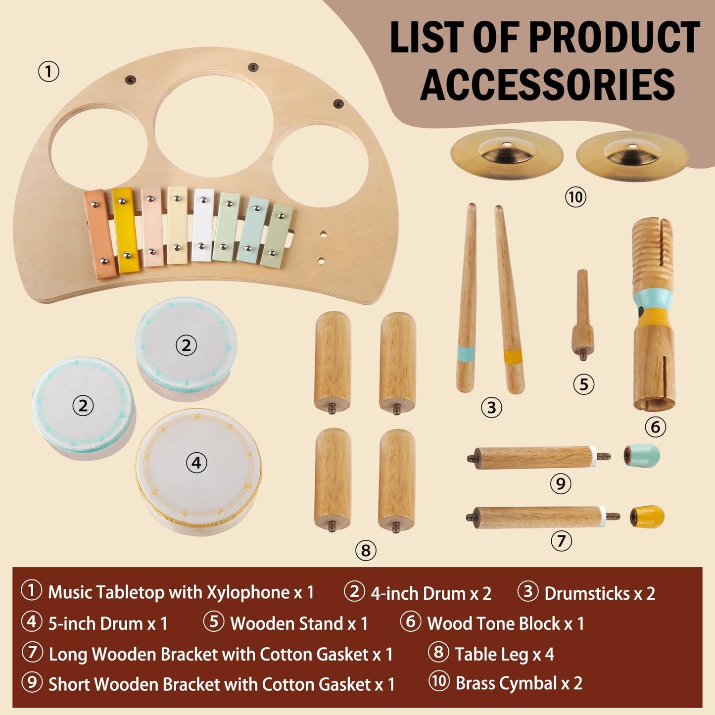 Meytccve Toddlers Drum Set – Wooden Montessori Musical Toys for 1-3 Year Olds