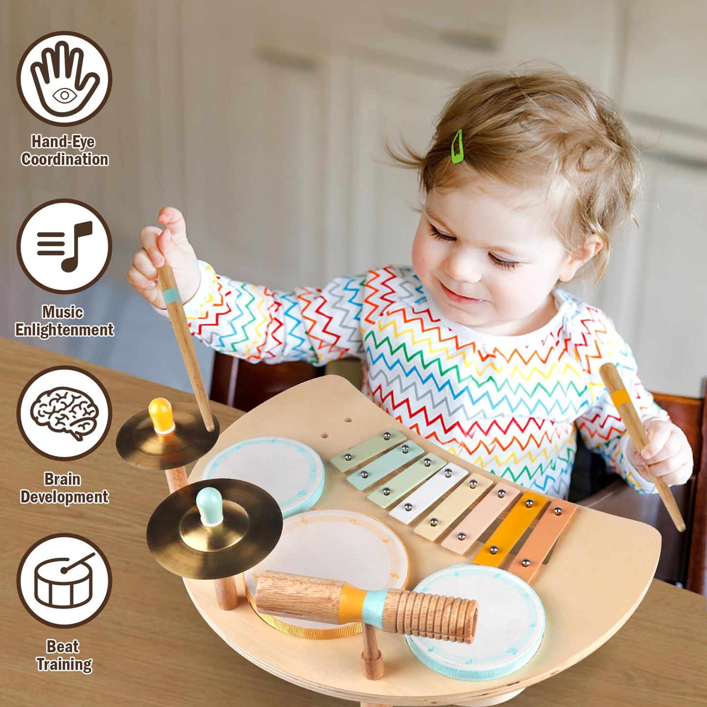 Meytccve Toddlers Drum Set – Wooden Montessori Musical Toys for 1-3 Year Olds