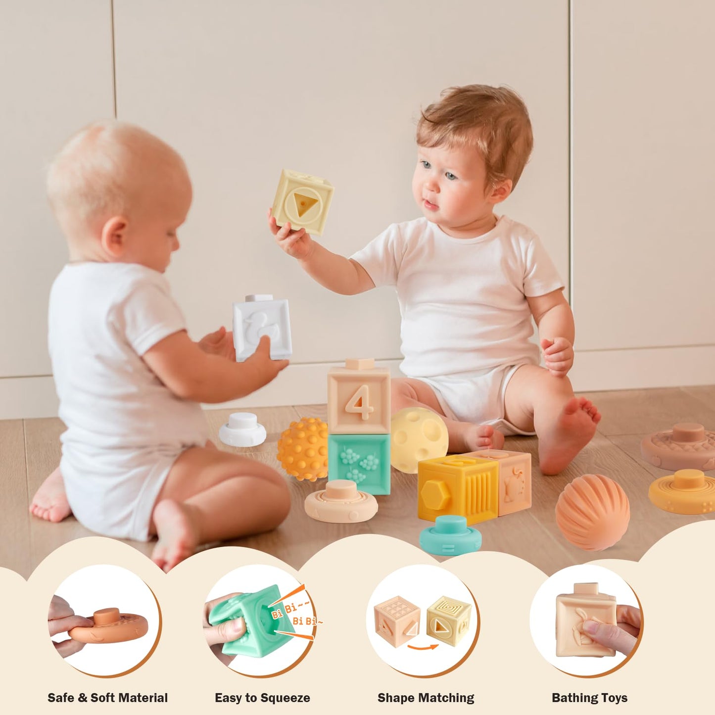 Meytccve Baby Toys Montessori 6-in-1: Stacking Blocks, Wooden Music & Teethers