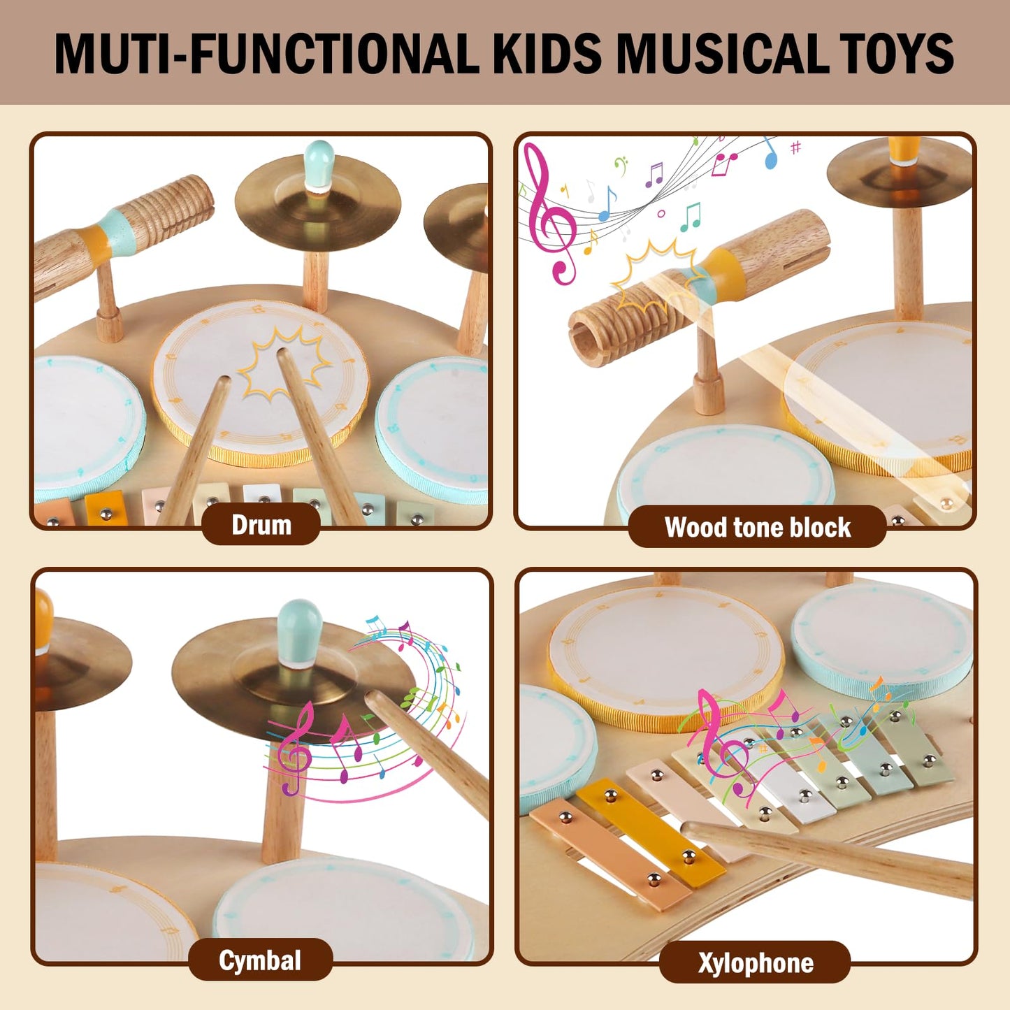 Meytccve Toddlers Drum Set – Wooden Montessori Musical Toys for 1-3 Year Olds