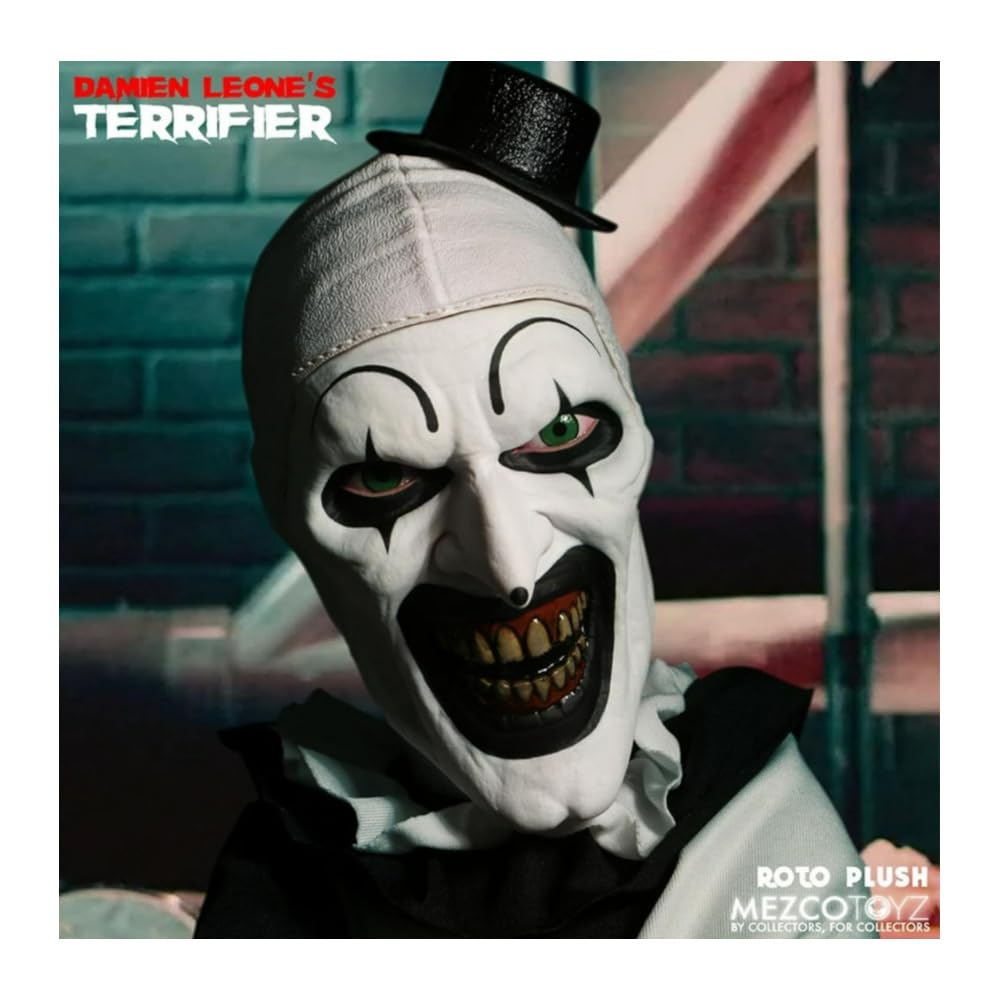 Mezco Terrifier Art the Clown Roto Plush – 18-Inch Collectible Doll in Black & White Costume